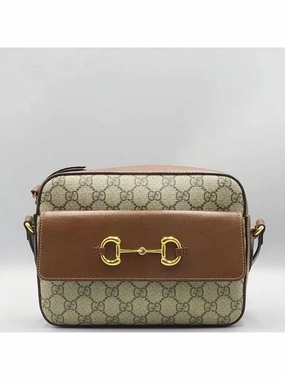 645454 Brown Leather Beige Ebony Canvas Horsebit 1955 Small Shoulder Bag