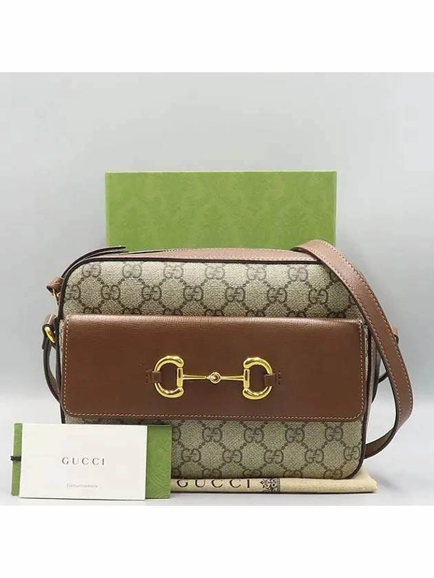 645454 Brown Leather Beige Ebony Canvas Horsebit 1955 Small Shoulder Bag