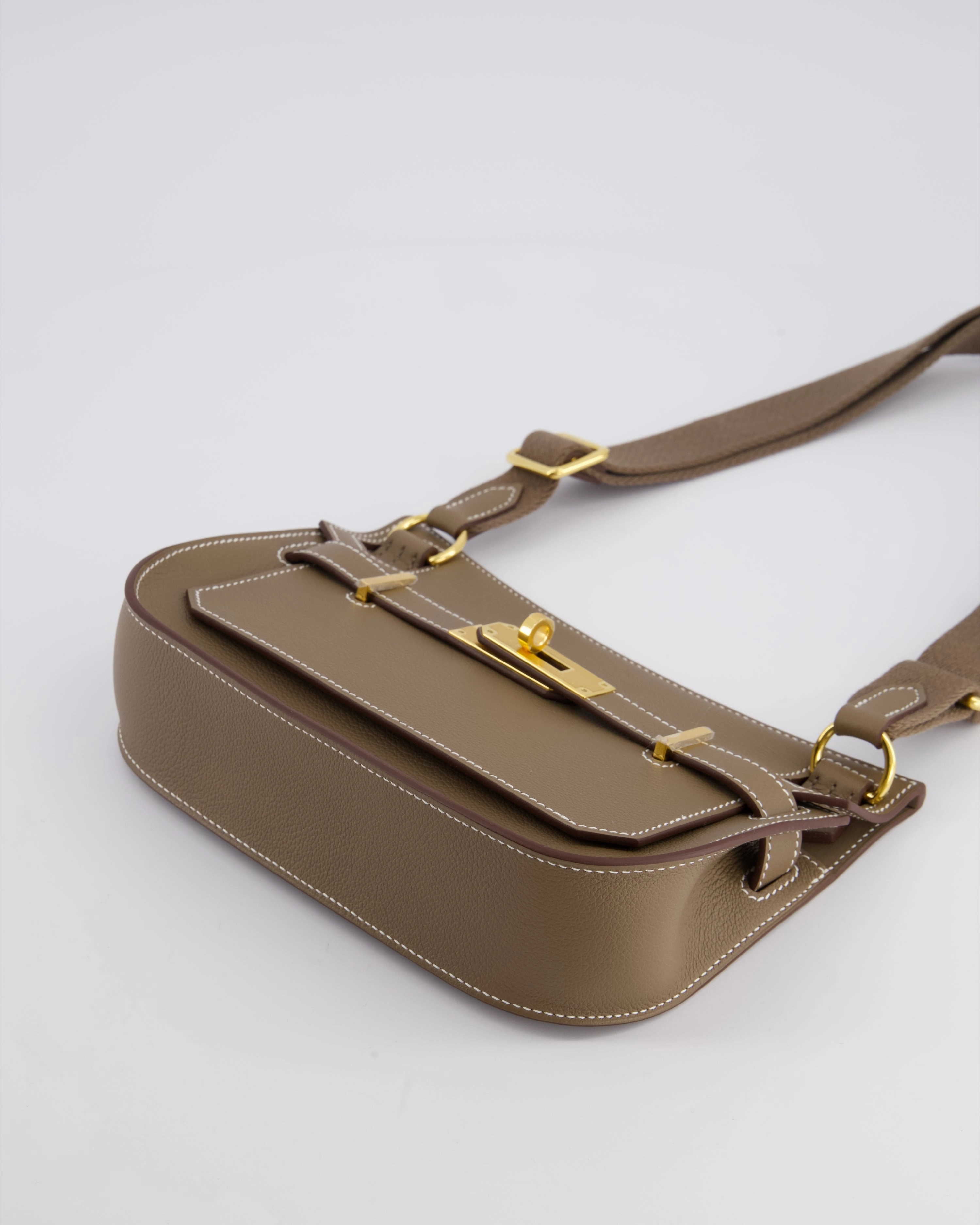 *RARE* Herms Mini Jypsiere Crossbody Bag in Etoupe Evercolor Leather with Gold Hardware
