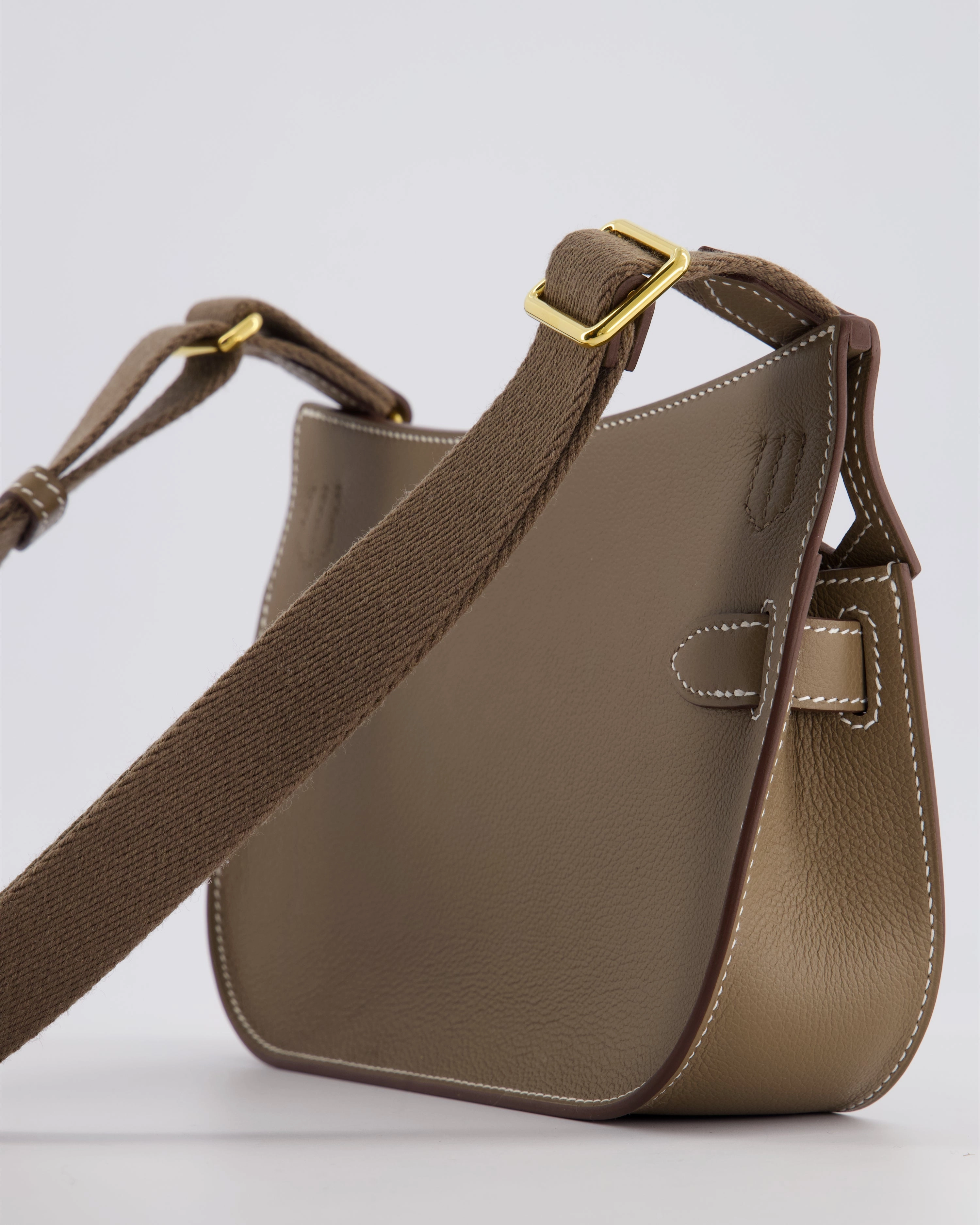 *RARE* Herms Mini Jypsiere Crossbody Bag in Etoupe Evercolor Leather with Gold Hardware