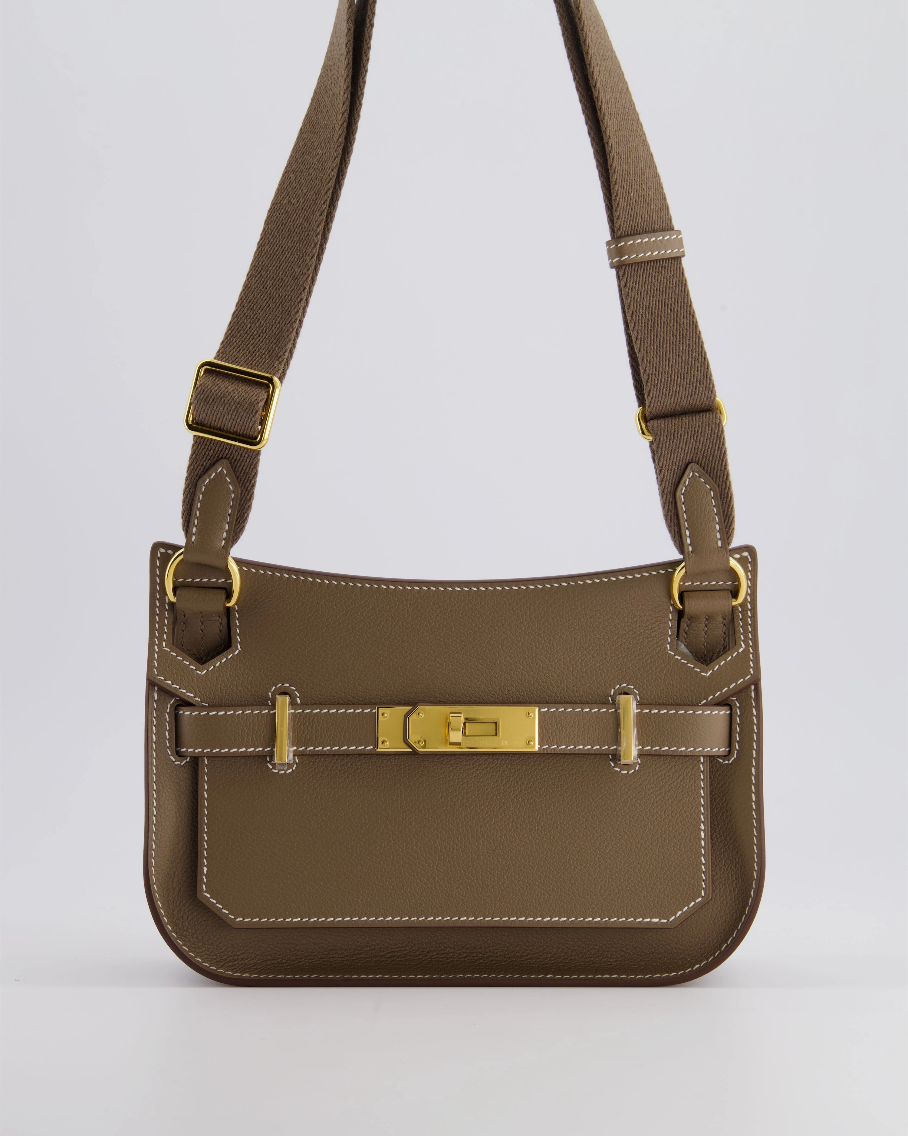 *RARE* Herms Mini Jypsiere Crossbody Bag in Etoupe Evercolor Leather with Gold Hardware