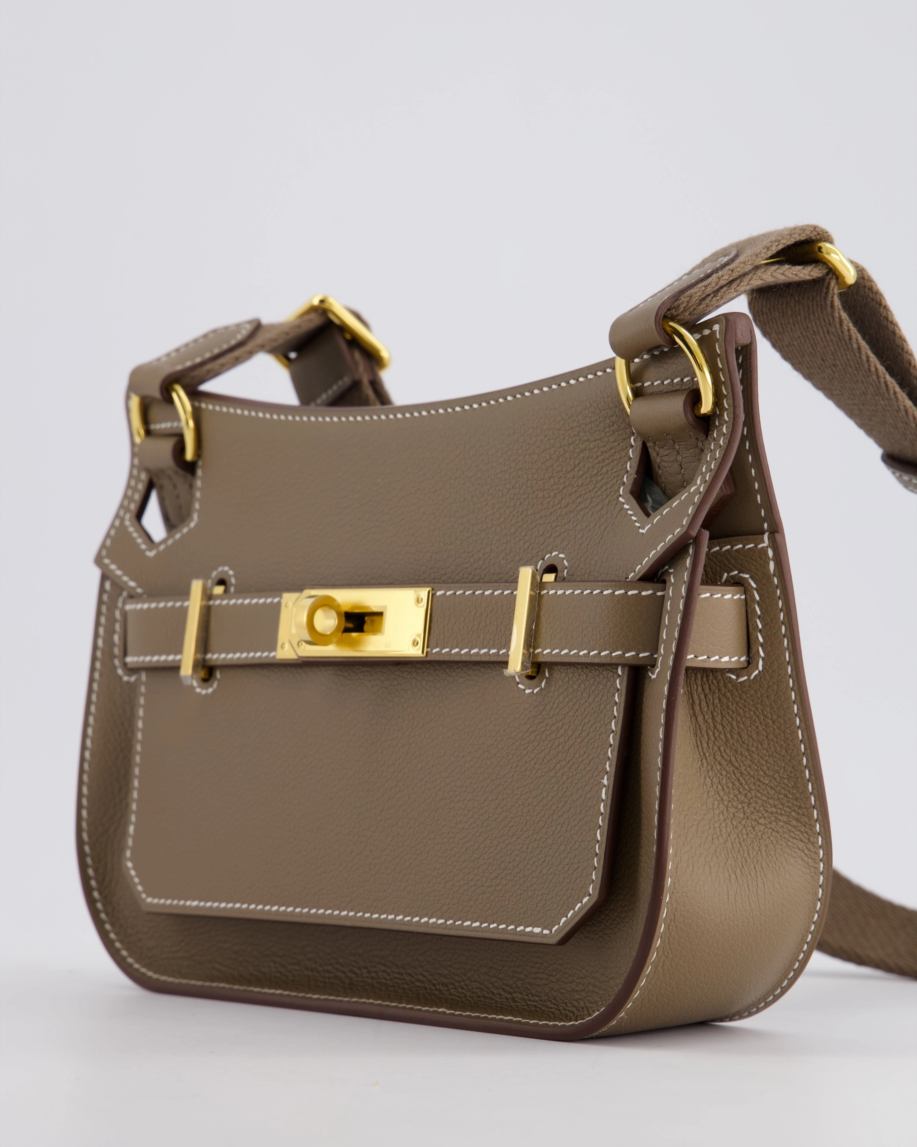 *RARE* Herms Mini Jypsiere Crossbody Bag in Etoupe Evercolor Leather with Gold Hardware