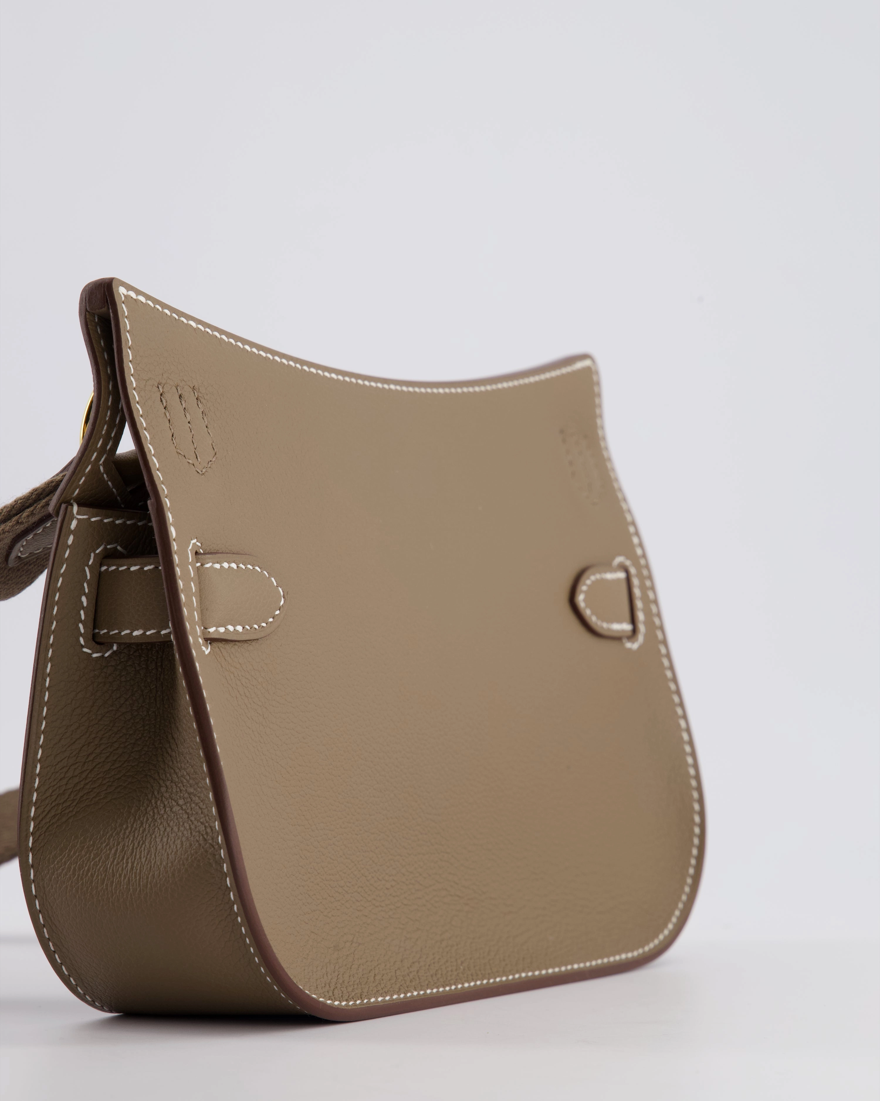 *RARE* Herms Mini Jypsiere Crossbody Bag in Etoupe Evercolor Leather with Gold Hardware