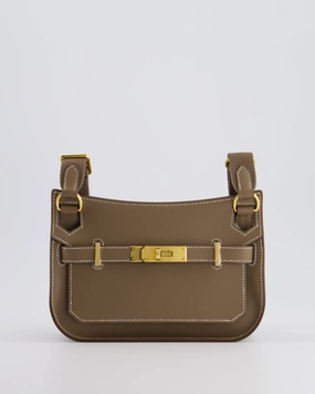 *RARE* Herms Mini Jypsiere Crossbody Bag in Etoupe Evercolor Leather with Gold Hardware