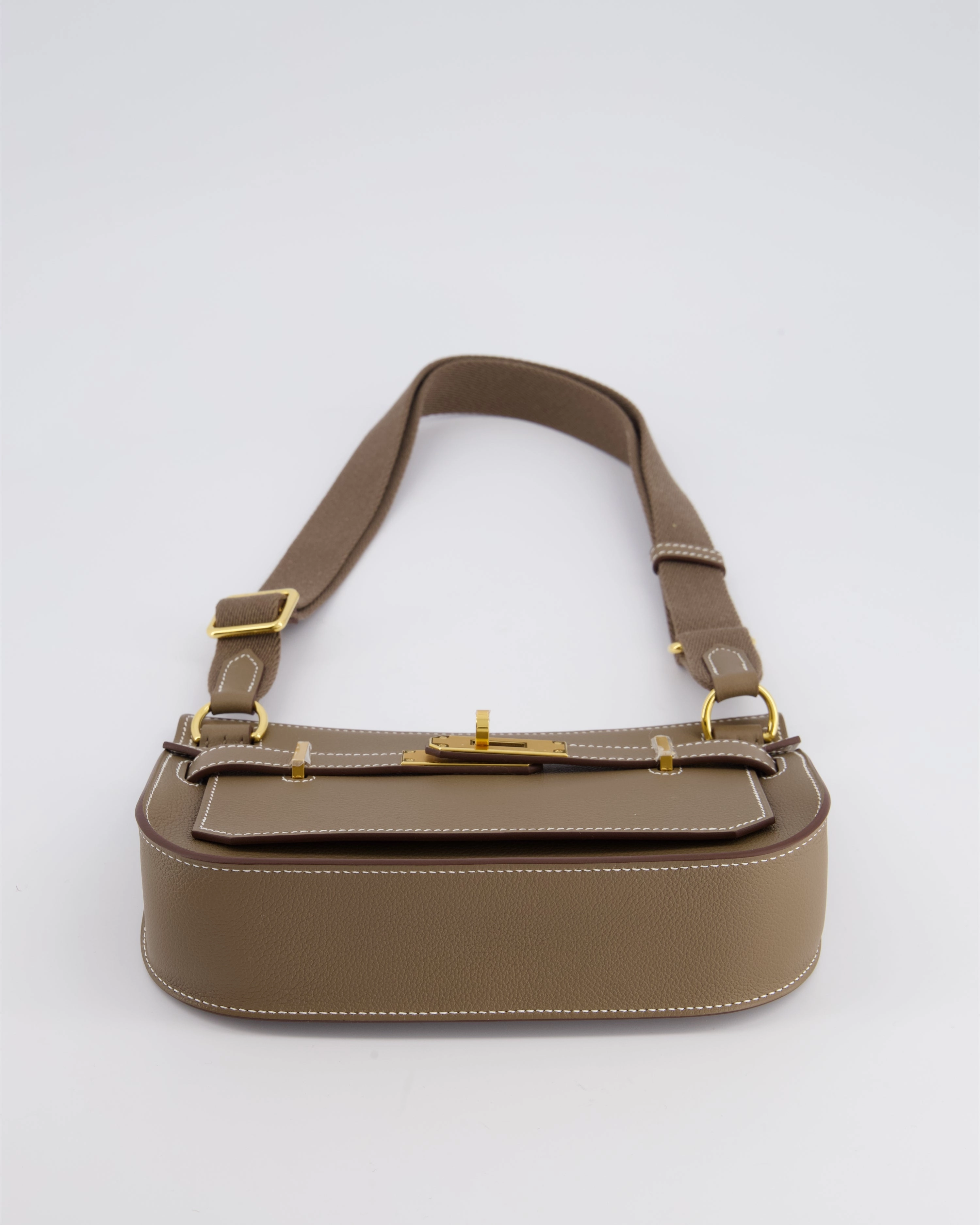 *RARE* Herms Mini Jypsiere Crossbody Bag in Etoupe Evercolor Leather with Gold Hardware
