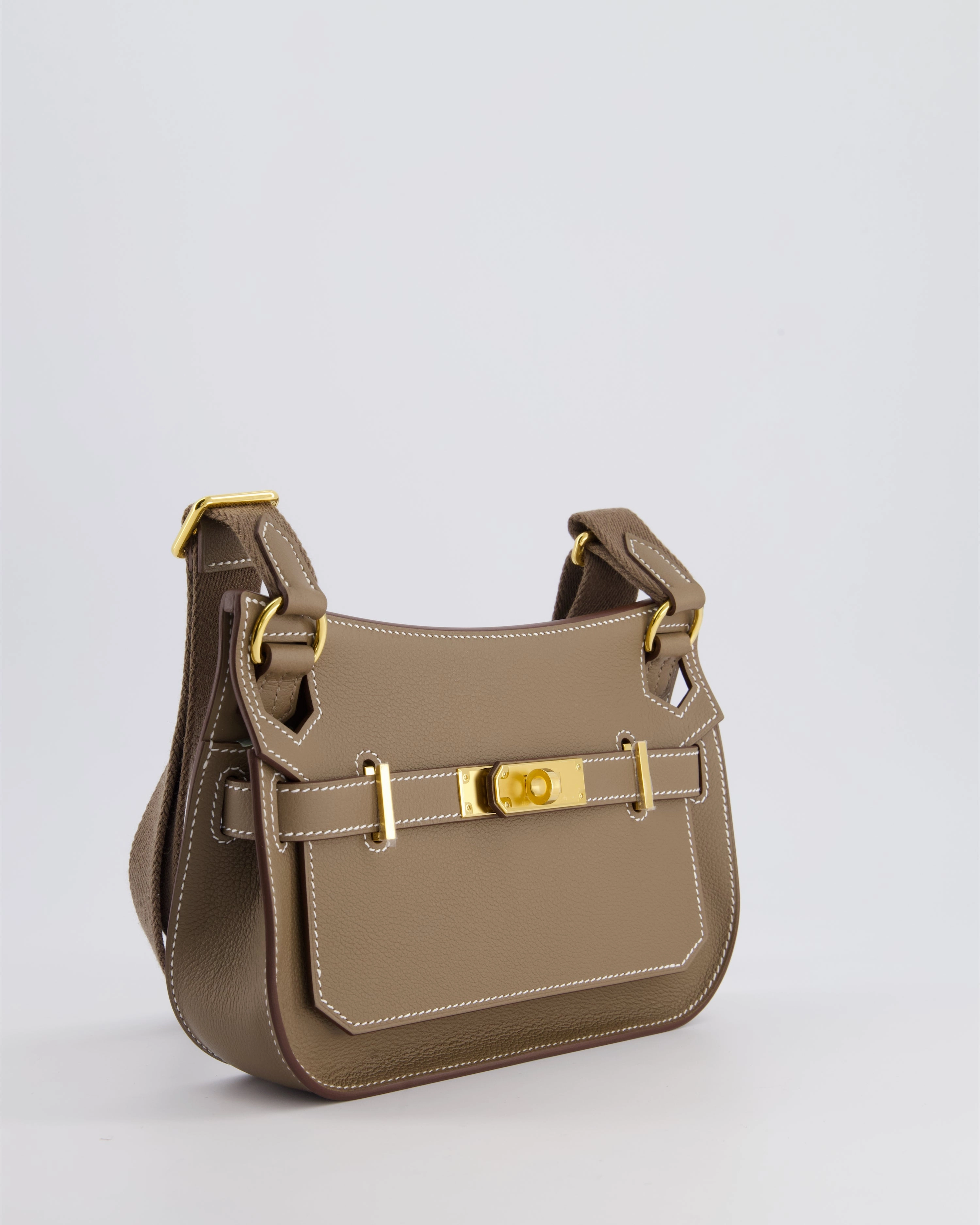 *RARE* Herms Mini Jypsiere Crossbody Bag in Etoupe Evercolor Leather with Gold Hardware
