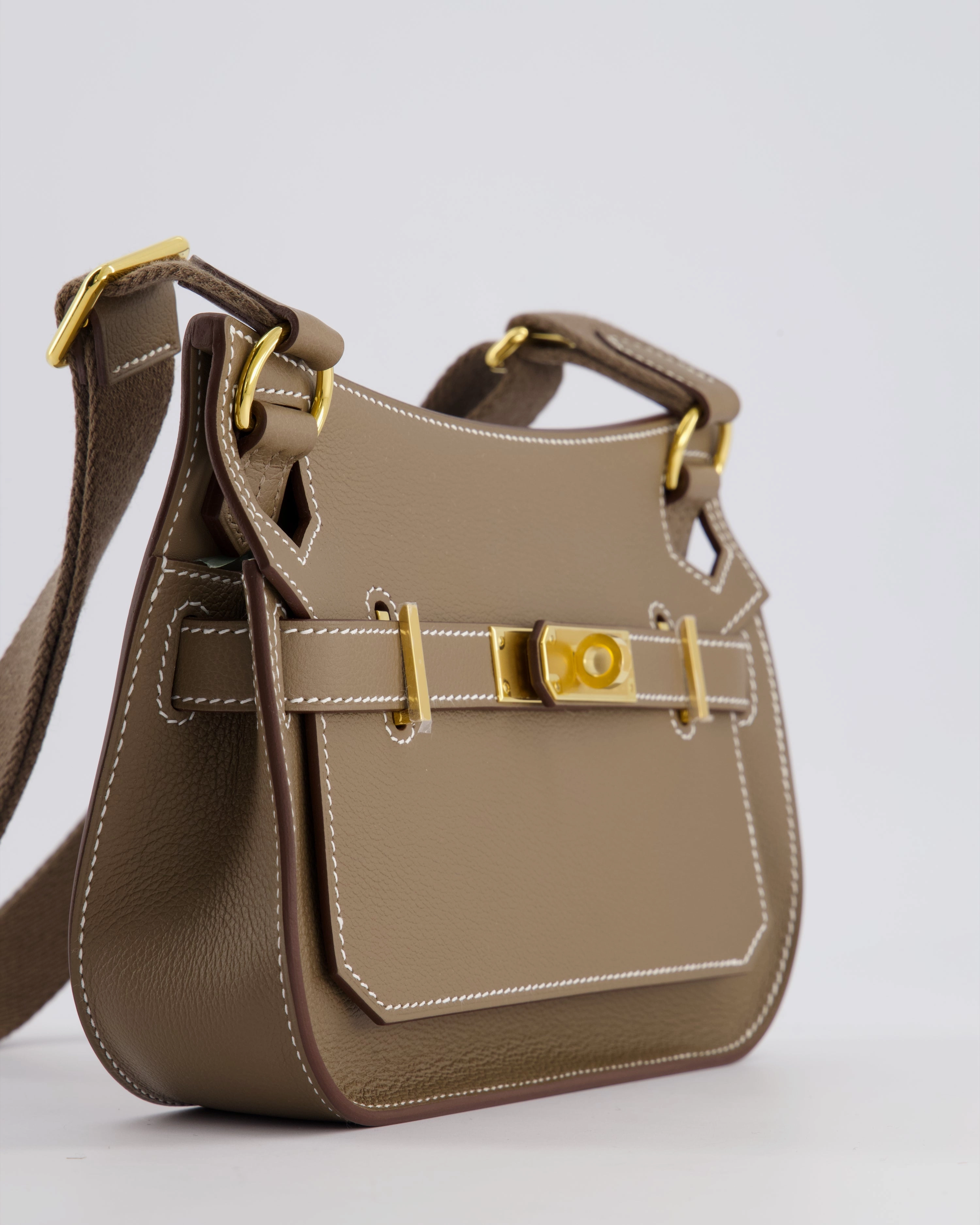 *RARE* Herms Mini Jypsiere Crossbody Bag in Etoupe Evercolor Leather with Gold Hardware