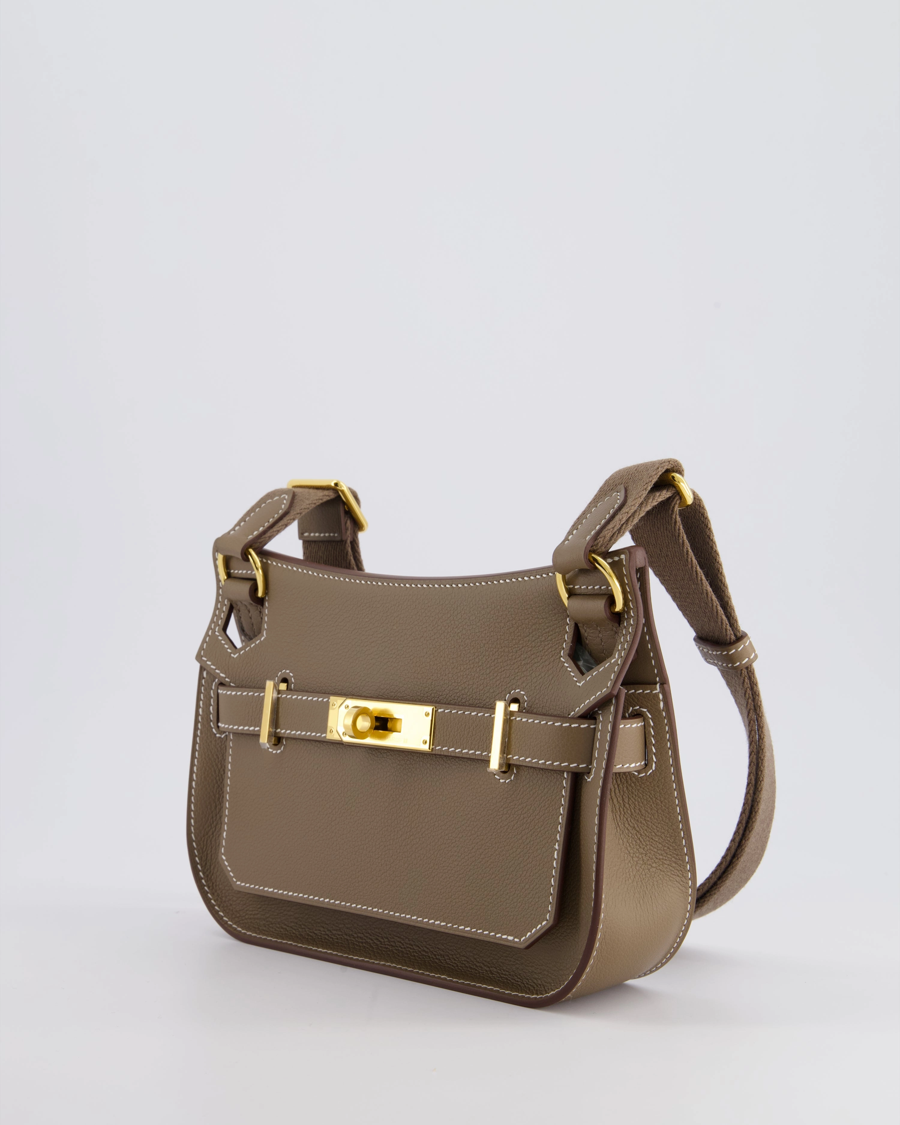 *RARE* Herms Mini Jypsiere Crossbody Bag in Etoupe Evercolor Leather with Gold Hardware