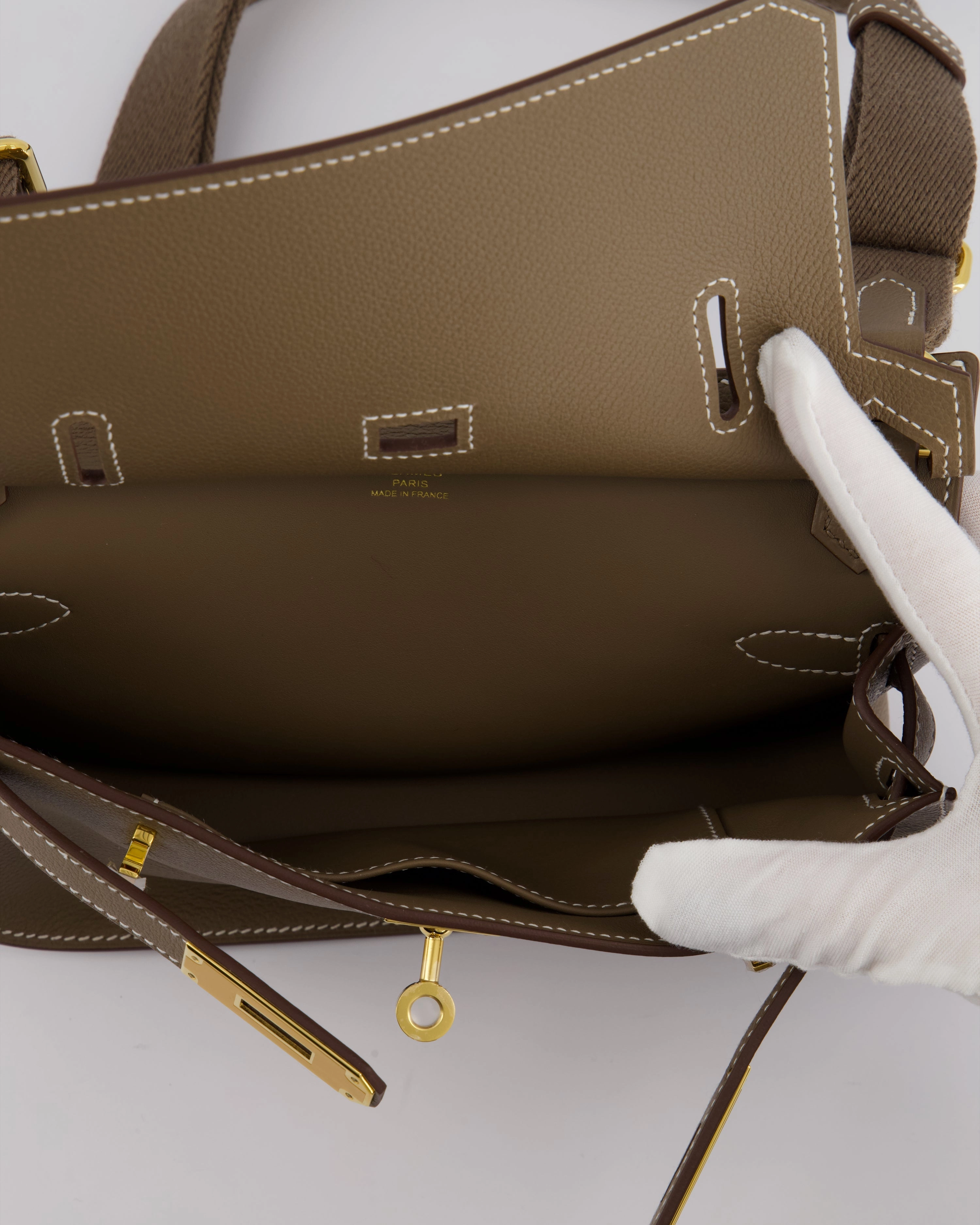 *RARE* Herms Mini Jypsiere Crossbody Bag in Etoupe Evercolor Leather with Gold Hardware