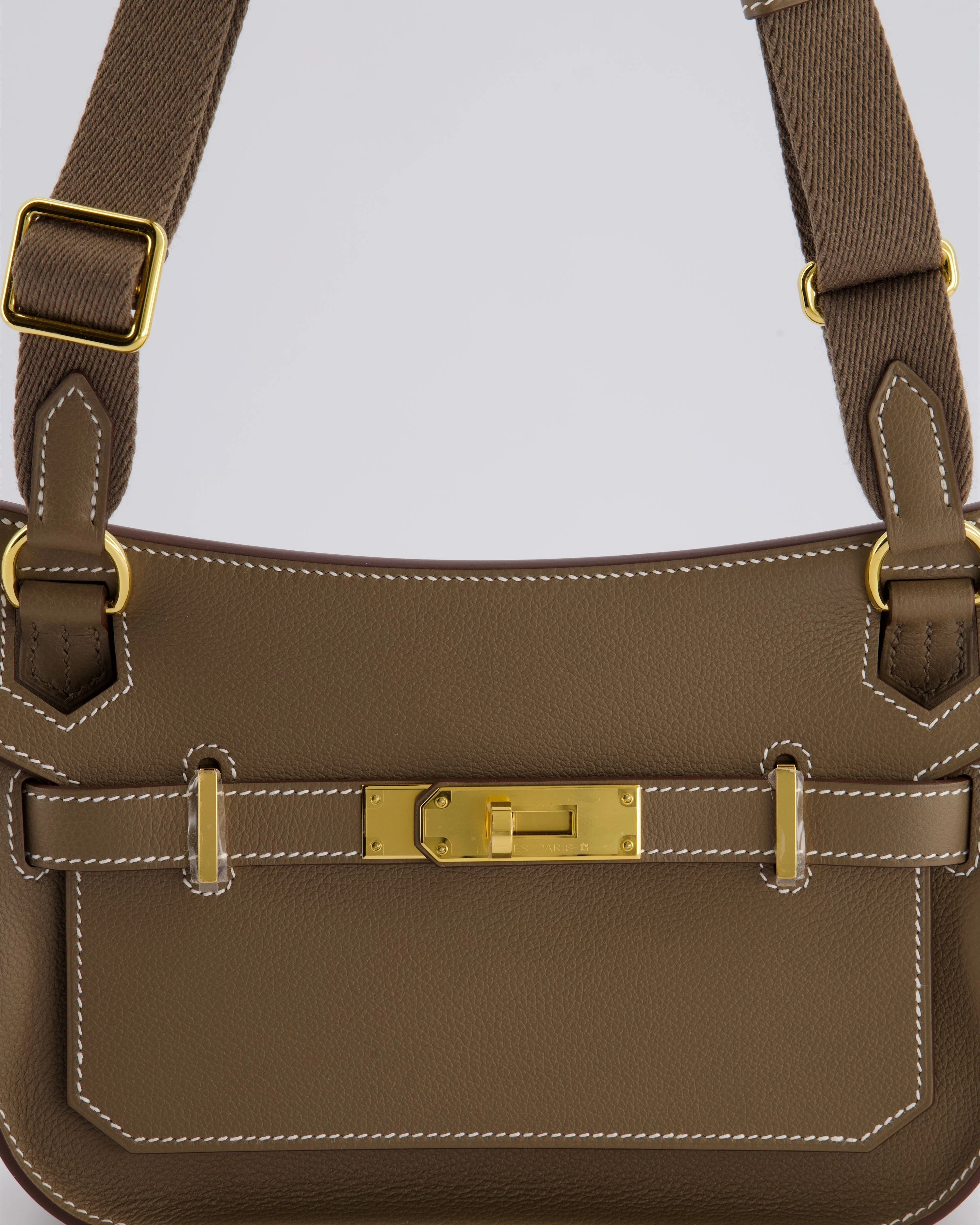 *RARE* Herms Mini Jypsiere Crossbody Bag in Etoupe Evercolor Leather with Gold Hardware