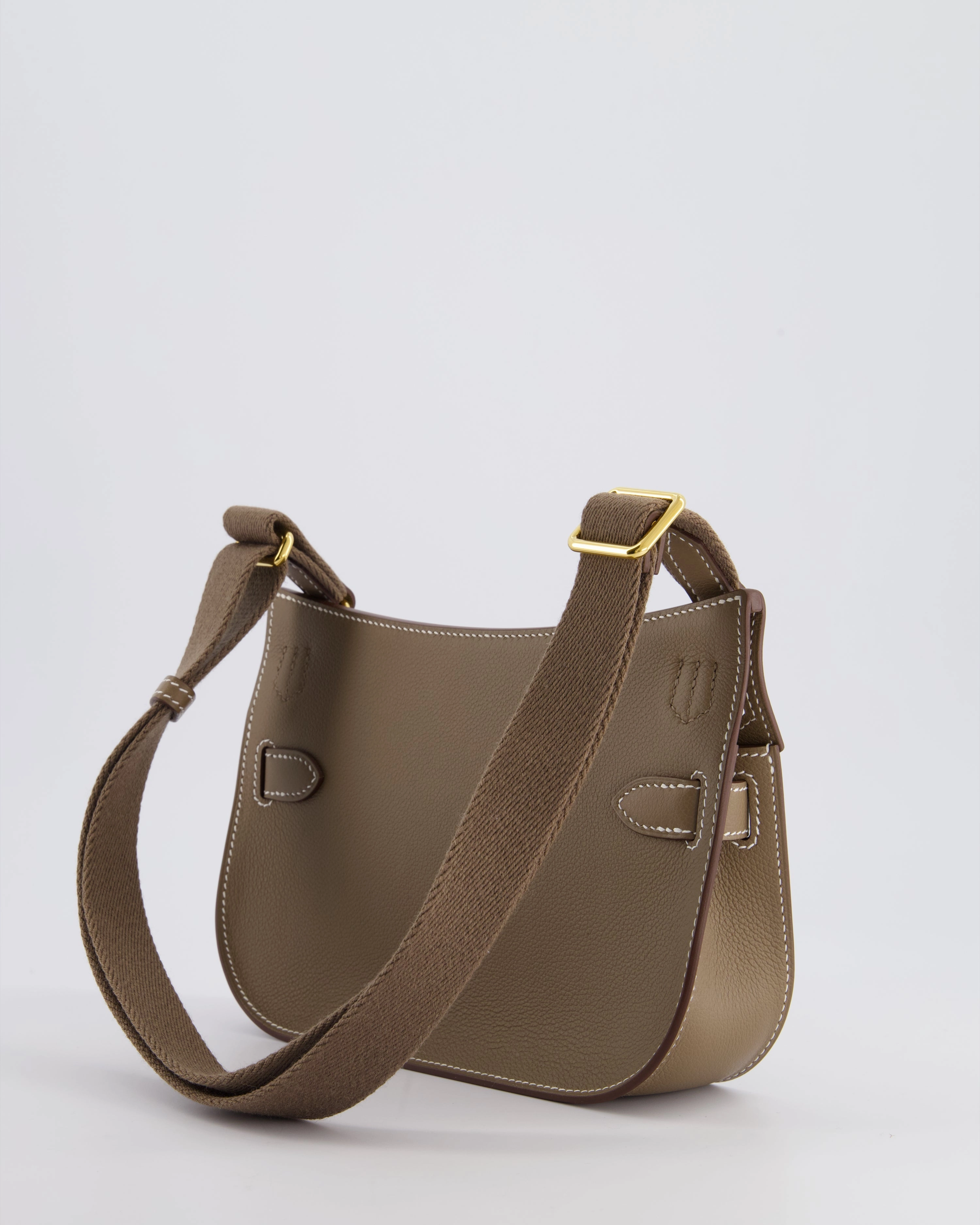 *RARE* Herms Mini Jypsiere Crossbody Bag in Etoupe Evercolor Leather with Gold Hardware