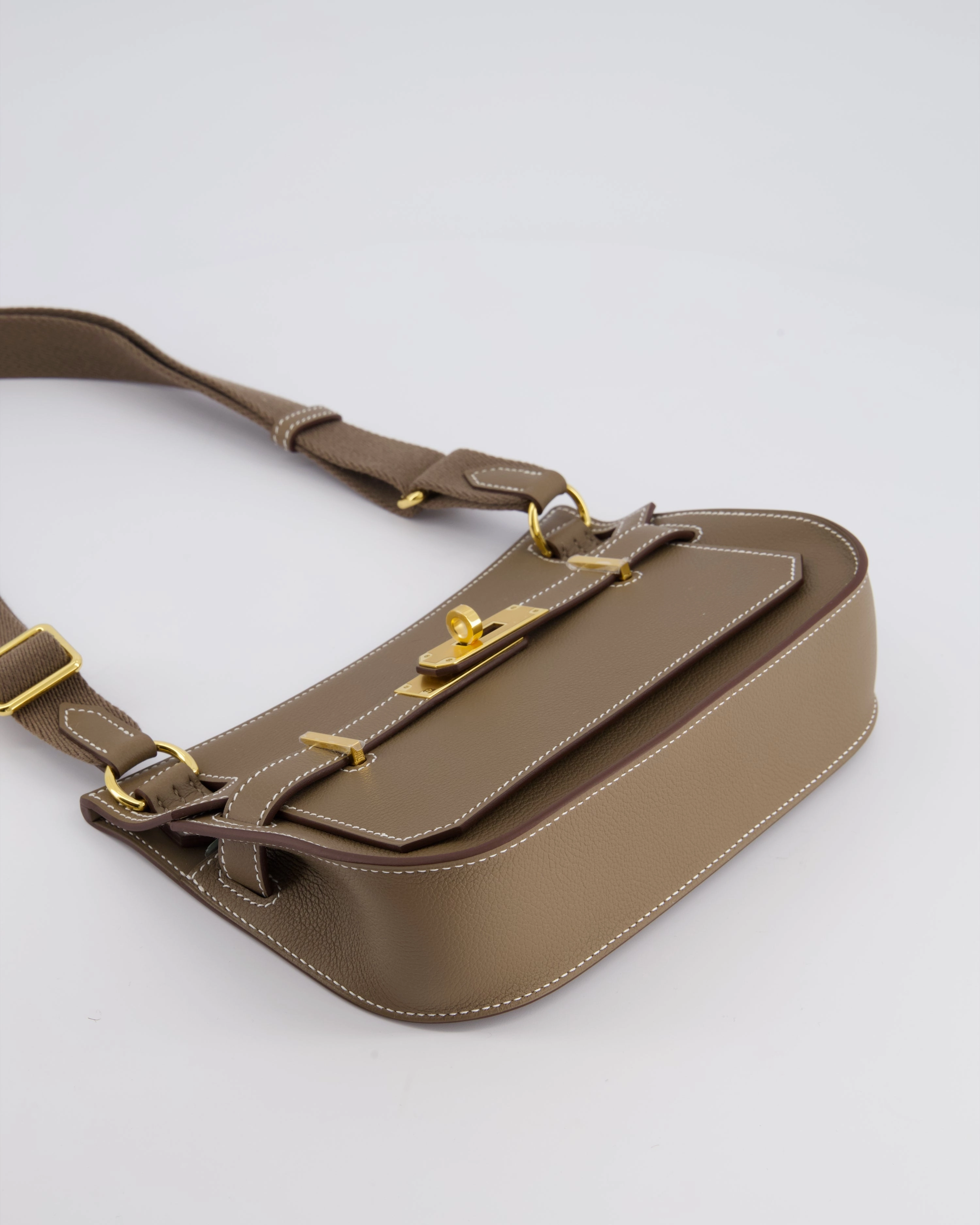 *RARE* Herms Mini Jypsiere Crossbody Bag in Etoupe Evercolor Leather with Gold Hardware