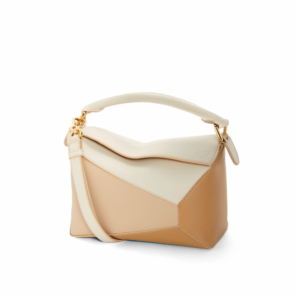 Angora Dusty Beige Small Puzzle Bag In Classic Calfskin Leather Crossbody Bag for Women