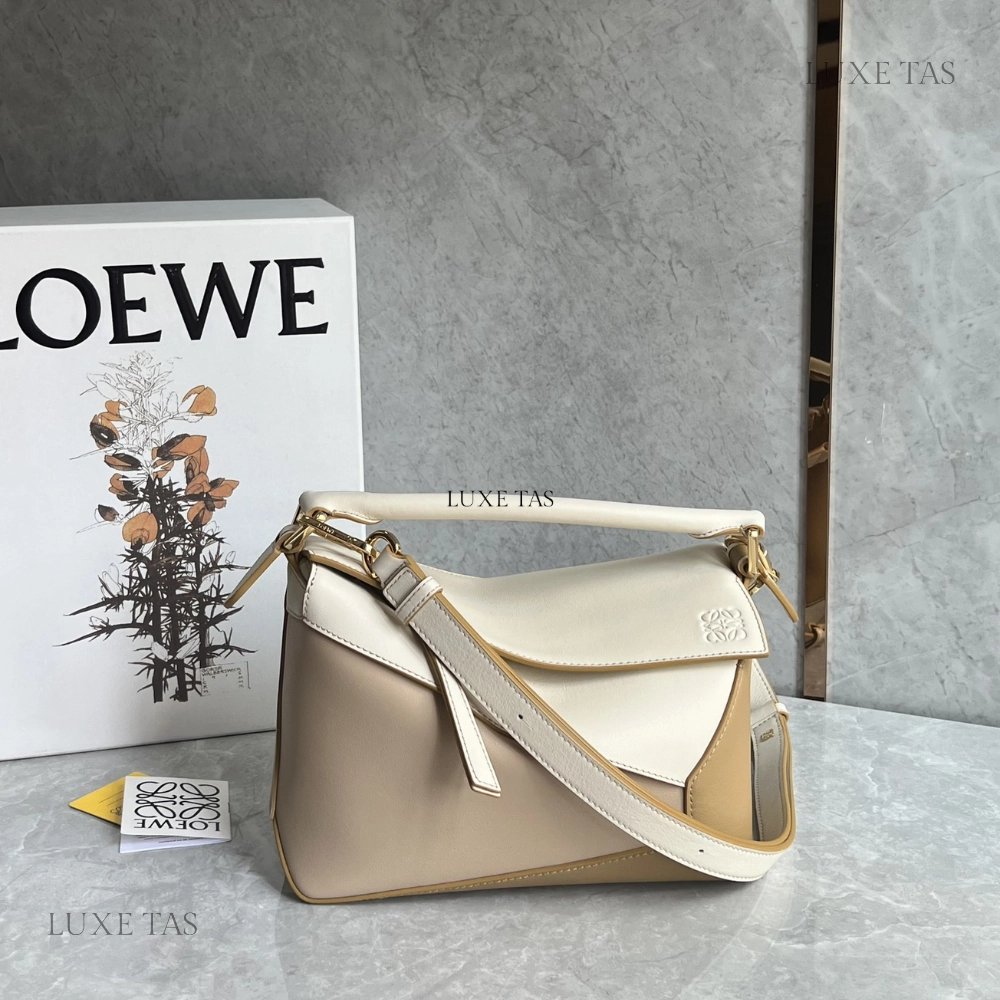 Angora Dusty Beige Small Puzzle Bag In Classic Calfskin Leather Crossbody Bag for Women