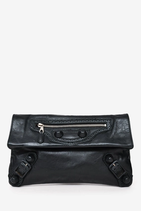 Balenciaga Black Leather City Brougues Envelope Clutch
