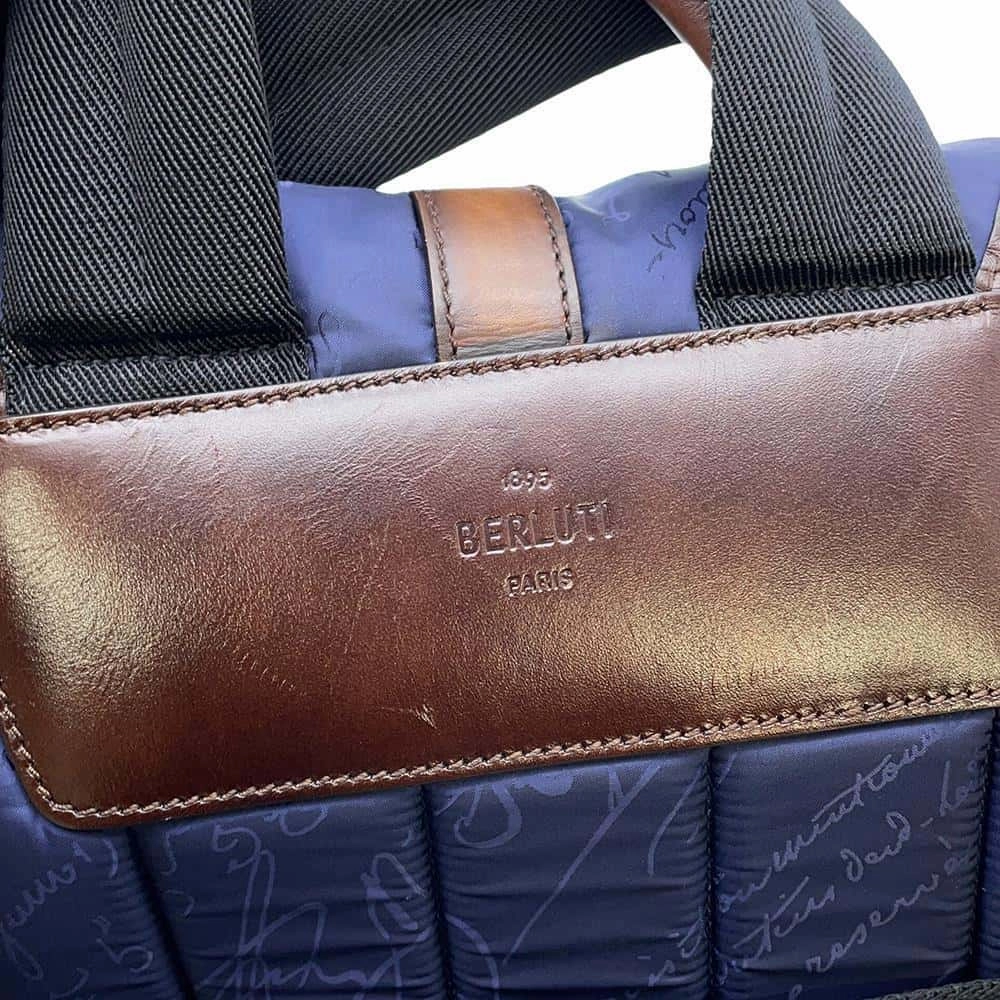 Berluti Scritto Calligraphy Backpack Blue/Brown Nylon Leather