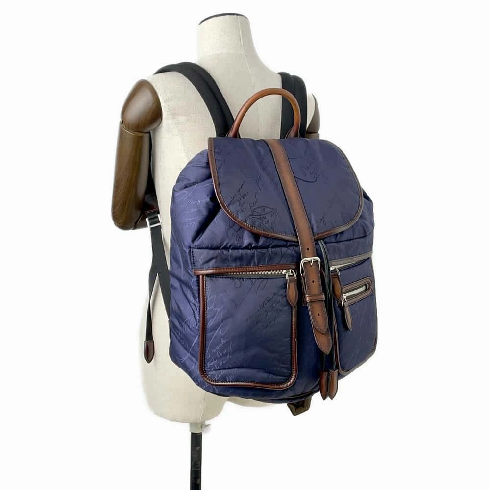 Berluti Scritto Calligraphy Backpack Blue/Brown Nylon Leather