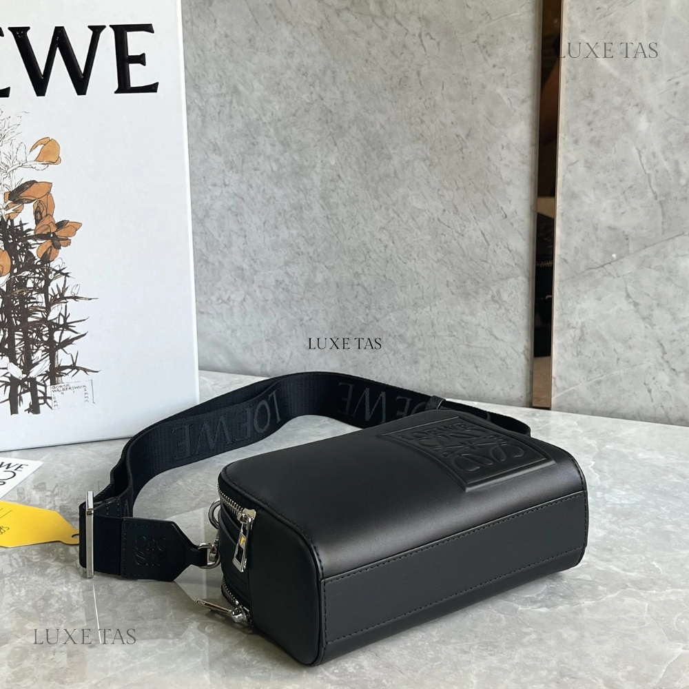 Black Mini Camera Crossbody Bag In Satin Calfskin Leather Crossbody Bag for Men