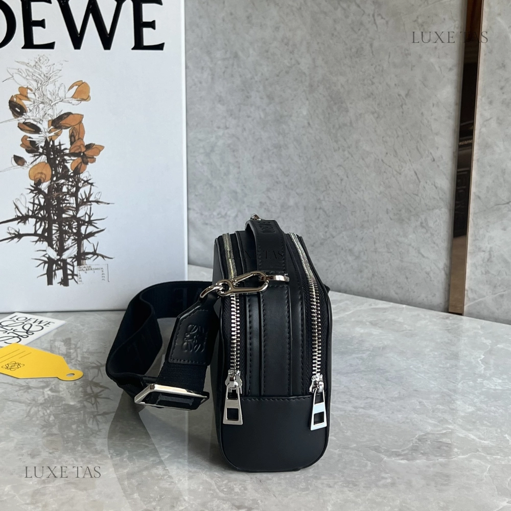 Black Mini Camera Crossbody Bag In Satin Calfskin Leather Crossbody Bag for Men
