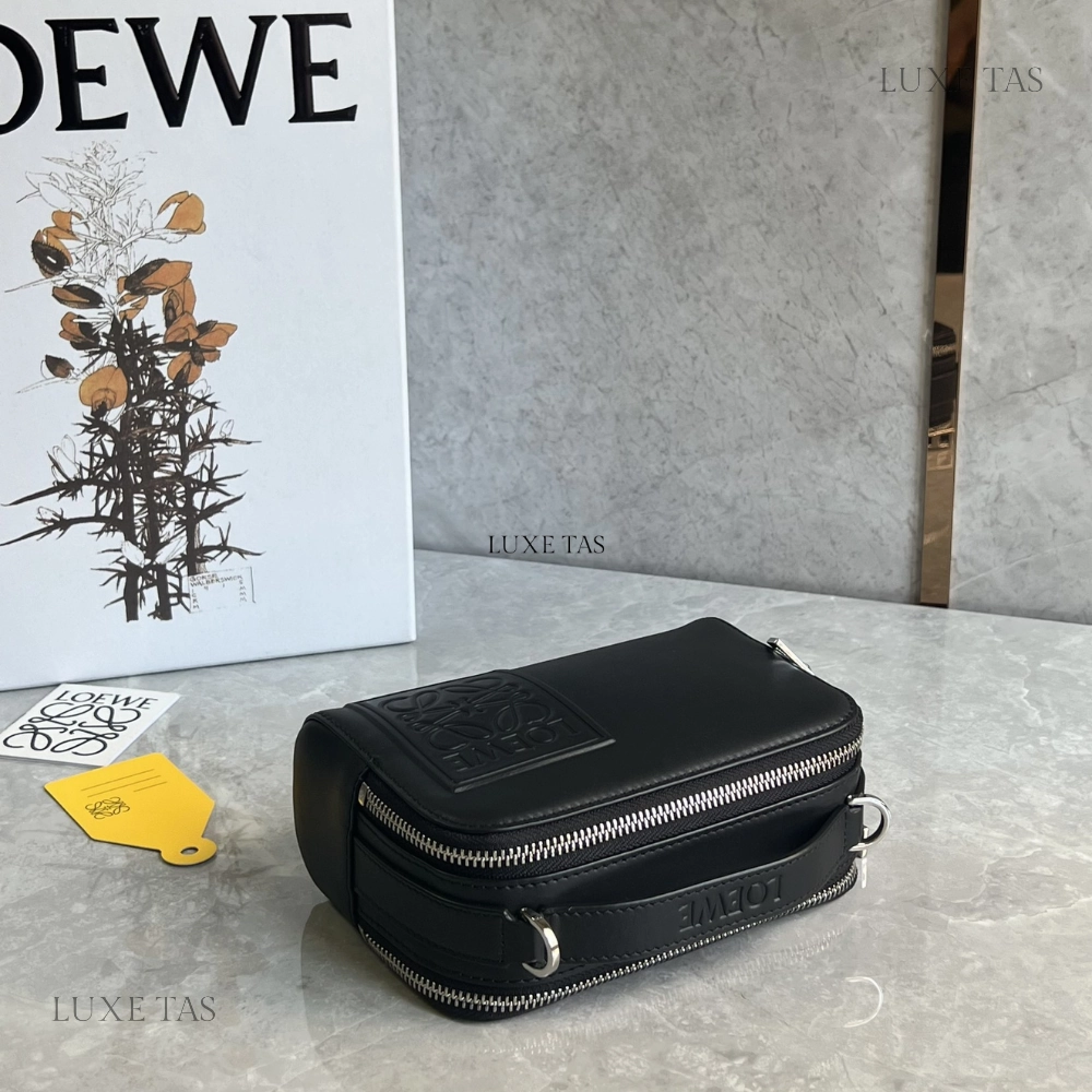 Black Mini Camera Crossbody Bag In Satin Calfskin Leather Crossbody Bag for Men