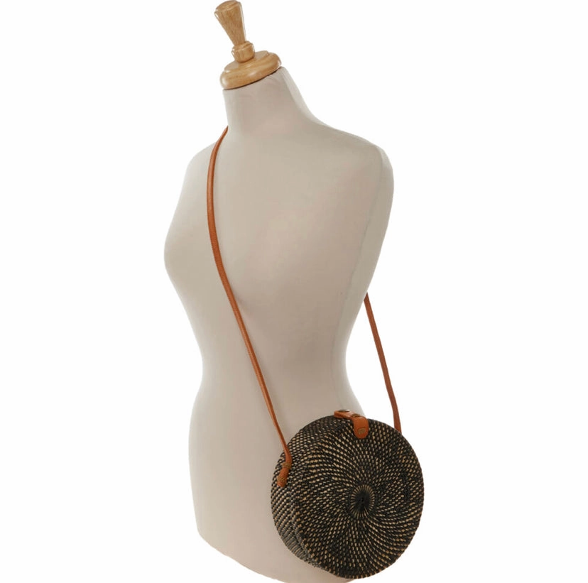 Black Round Rattan Crossbody Bag