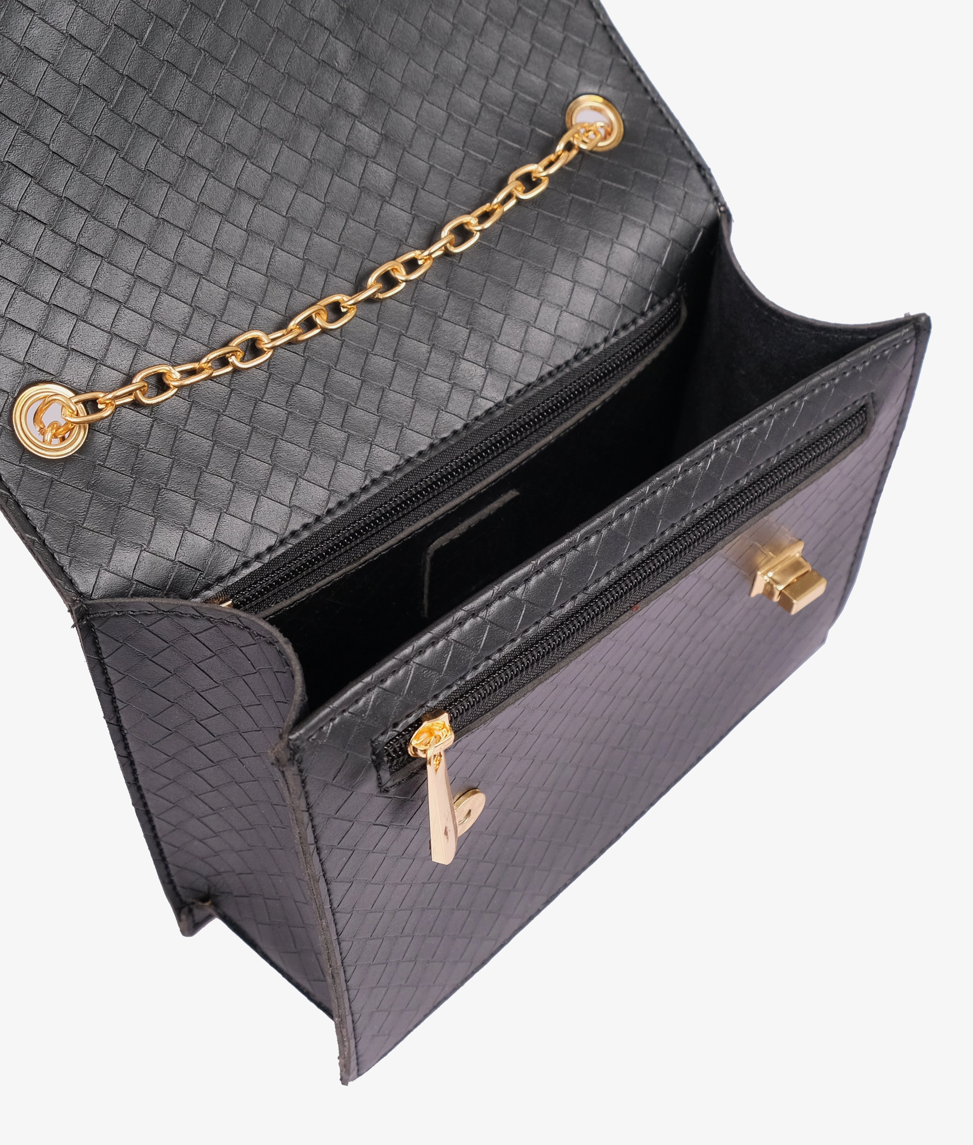 Black weaved chain shoulder bag with twist lock