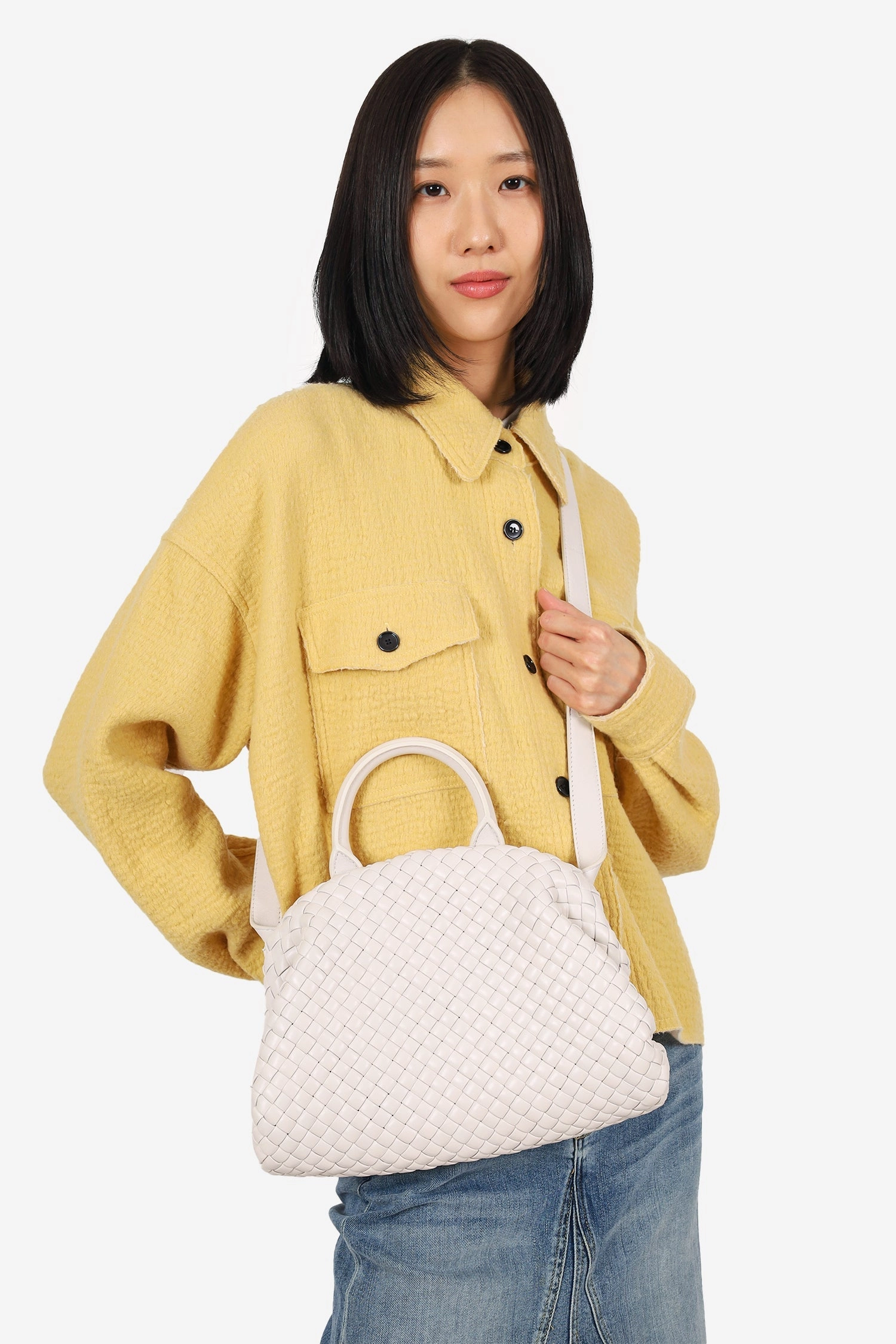Bottega Veneta White Nappa Intrecciato Padded Medium Handle Bag