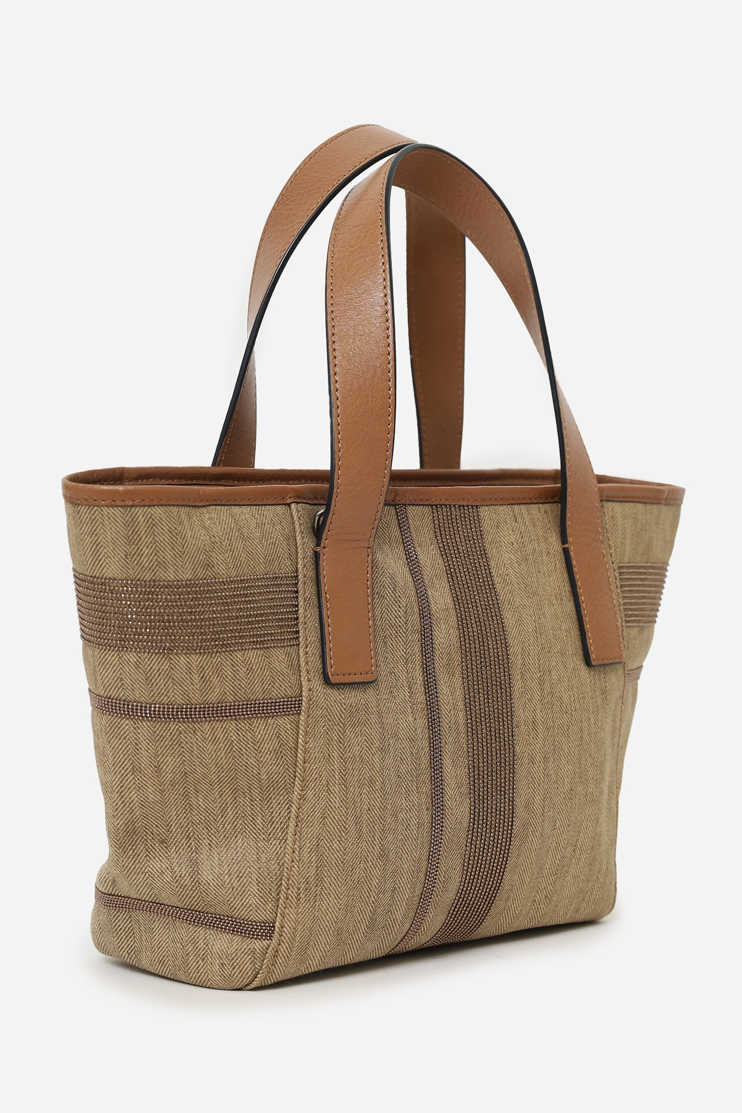 Brunello Cucinelli Brown Canvas/Leather Studded Mini Tote Bag with Strap