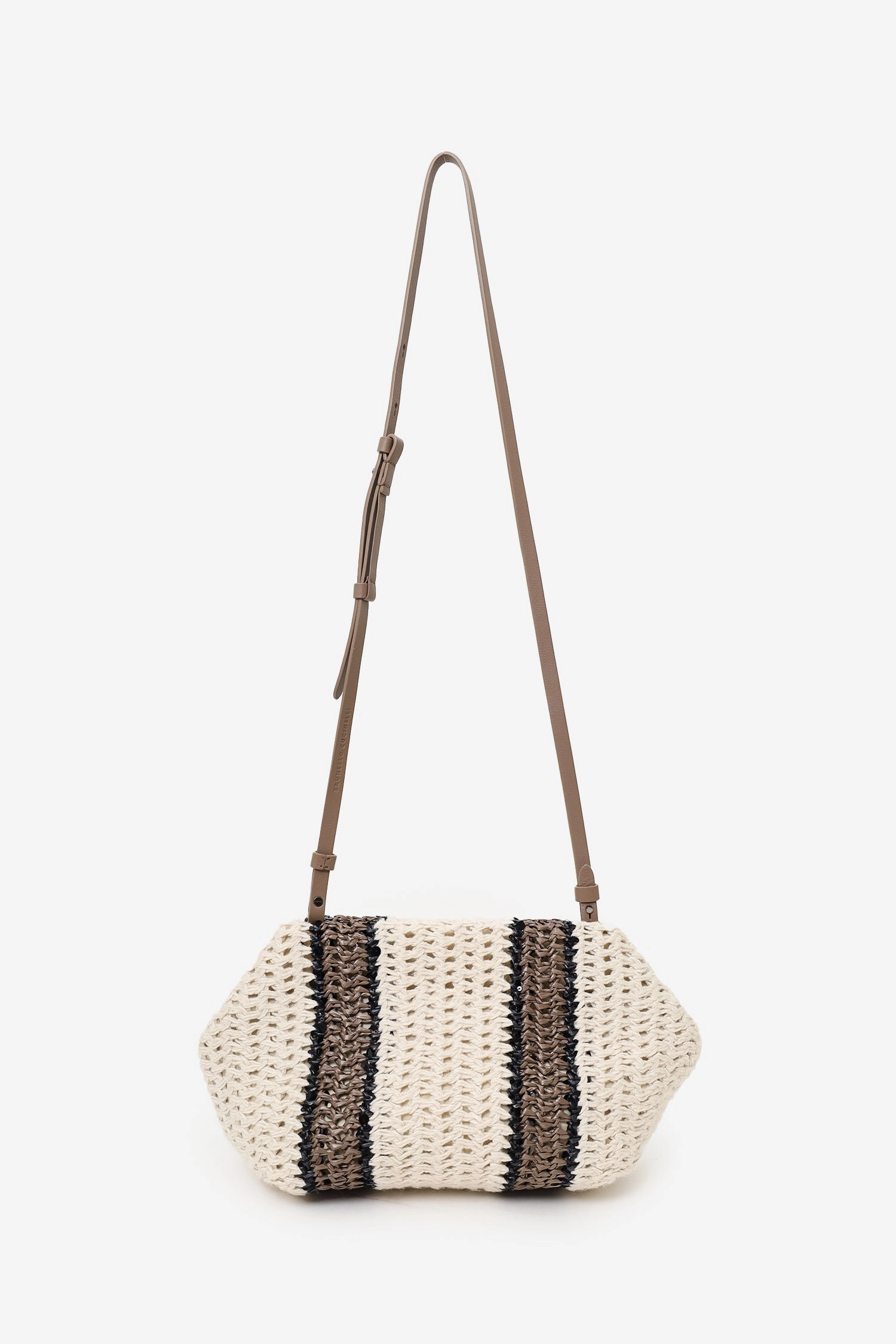 Brunello Cucinelli White/Brown/Black Small Crochet Regimental Straw Effect Pouch with Strap