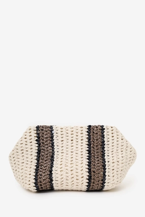 Brunello Cucinelli White/Brown/Black Small Crochet Regimental Straw Effect Pouch with Strap