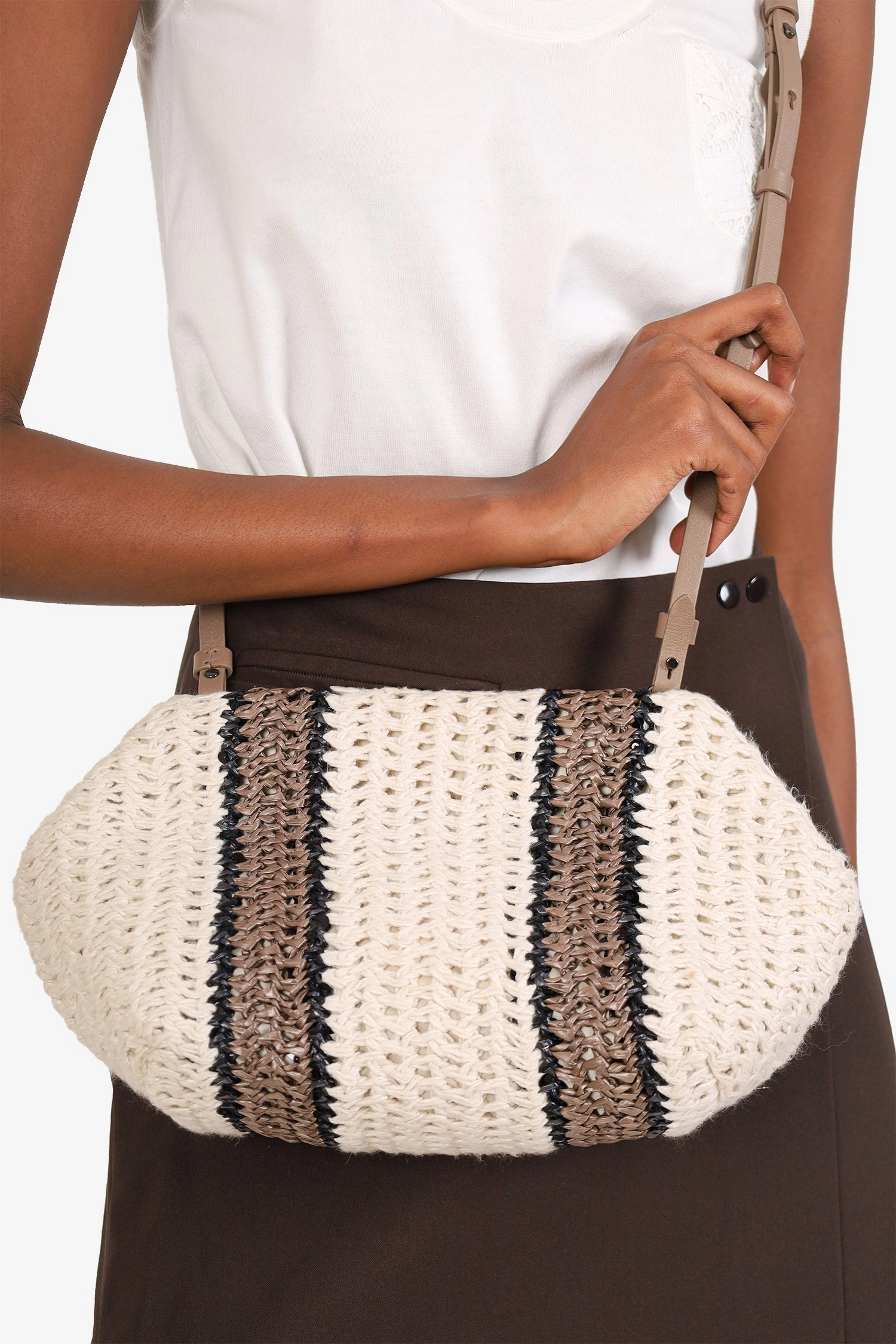 Brunello Cucinelli White/Brown/Black Small Crochet Regimental Straw Effect Pouch with Strap