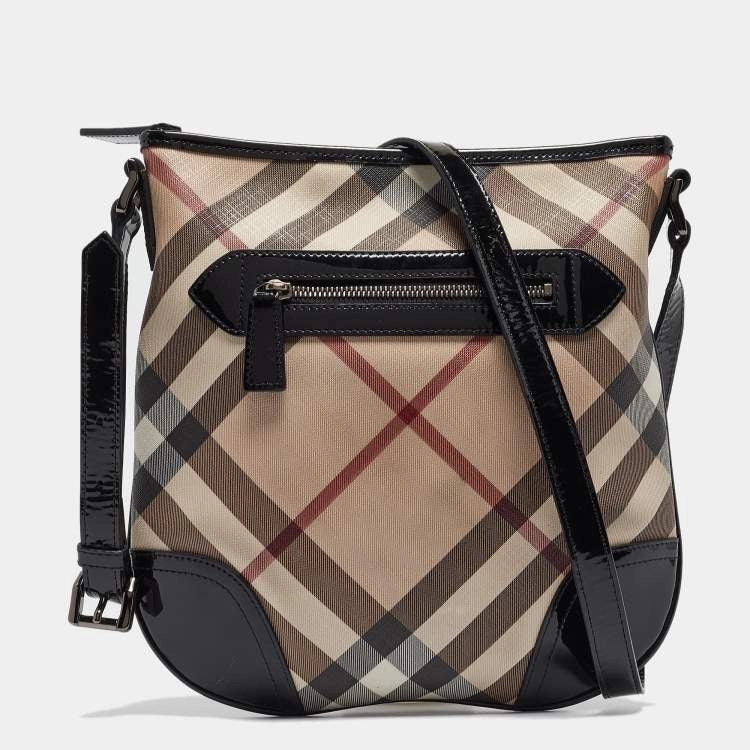 Burberry Supernova Check Beige Black Patent Leather Dryden Crossbody Bag Medium