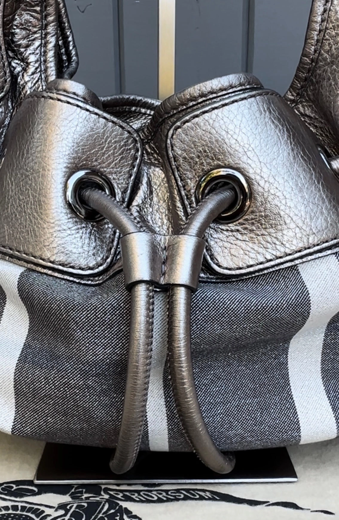 BURBERRY Vintage Canvas Leather Warrior Drawstring Hobo Shoulder Bag