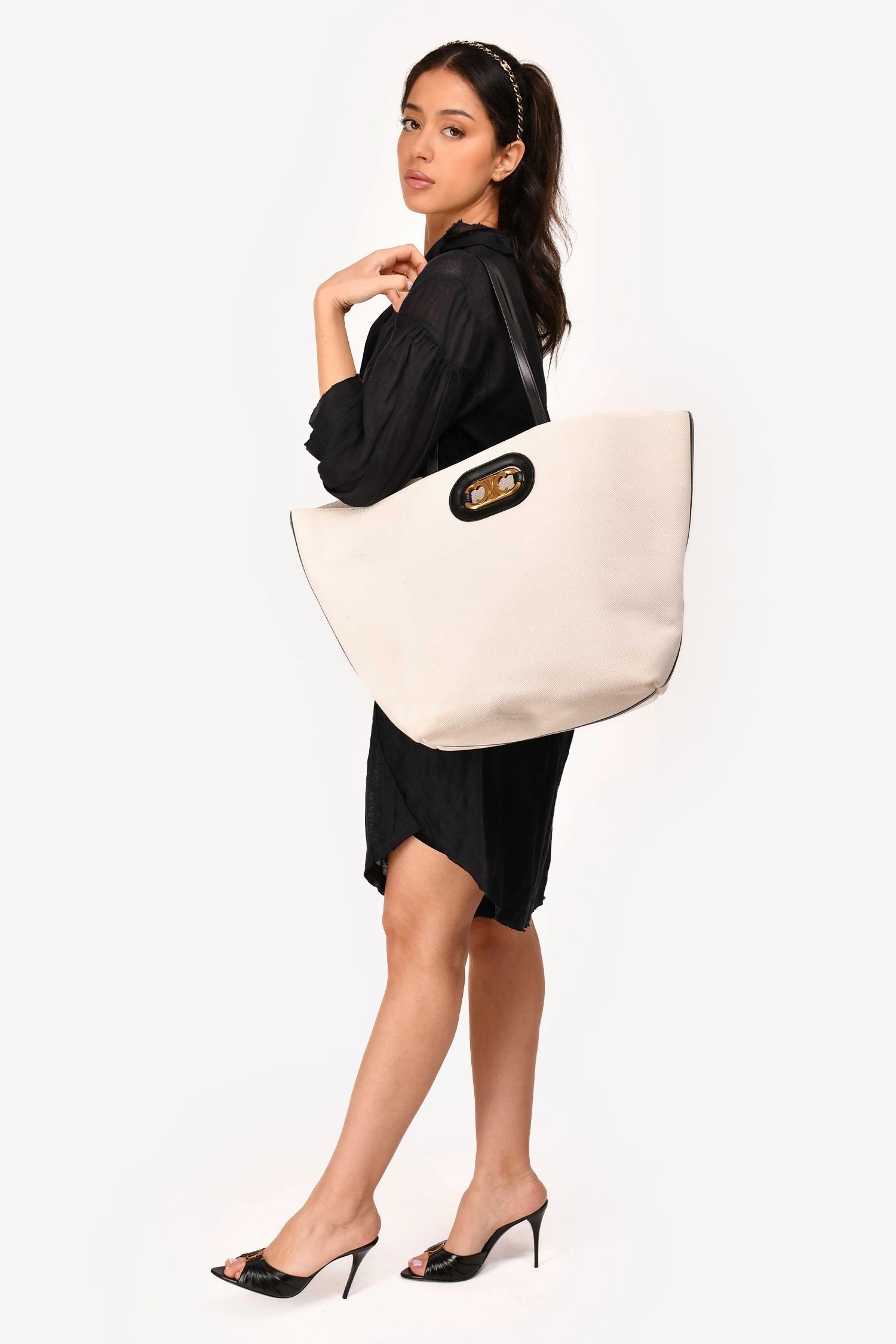 Celine 2020 Cream/Black Canvas/Leather Cabas Maillon Triomphe Tote