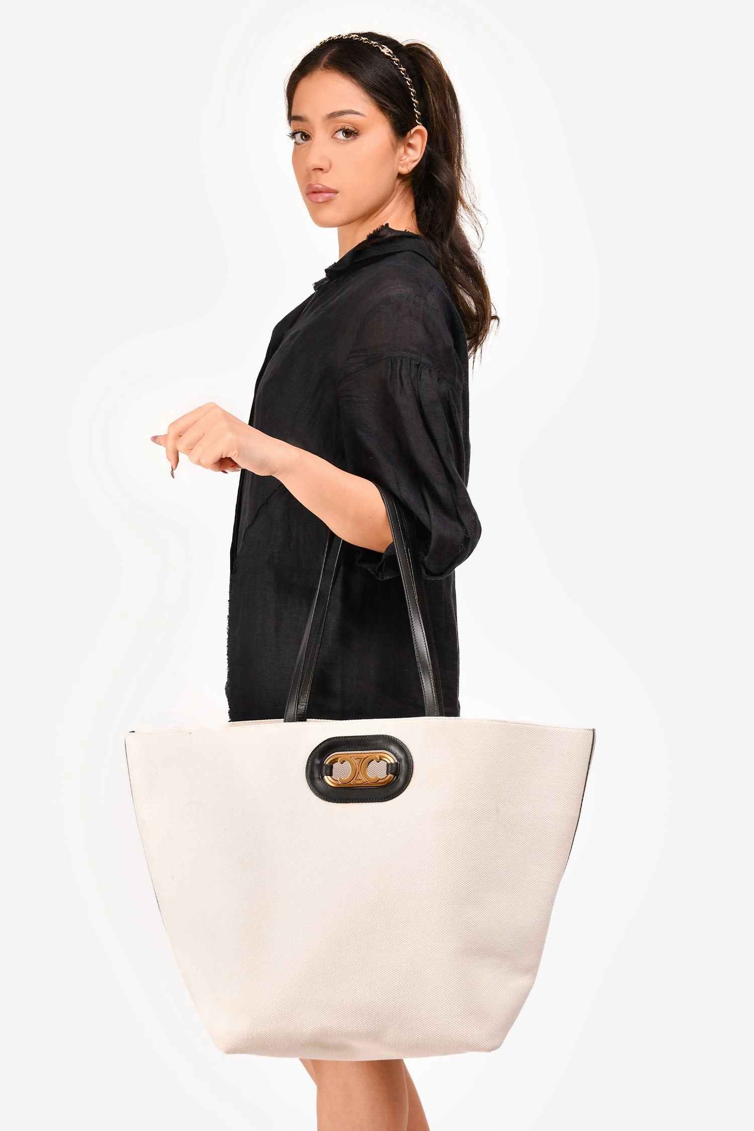 Celine 2020 Cream/Black Canvas/Leather Cabas Maillon Triomphe Tote
