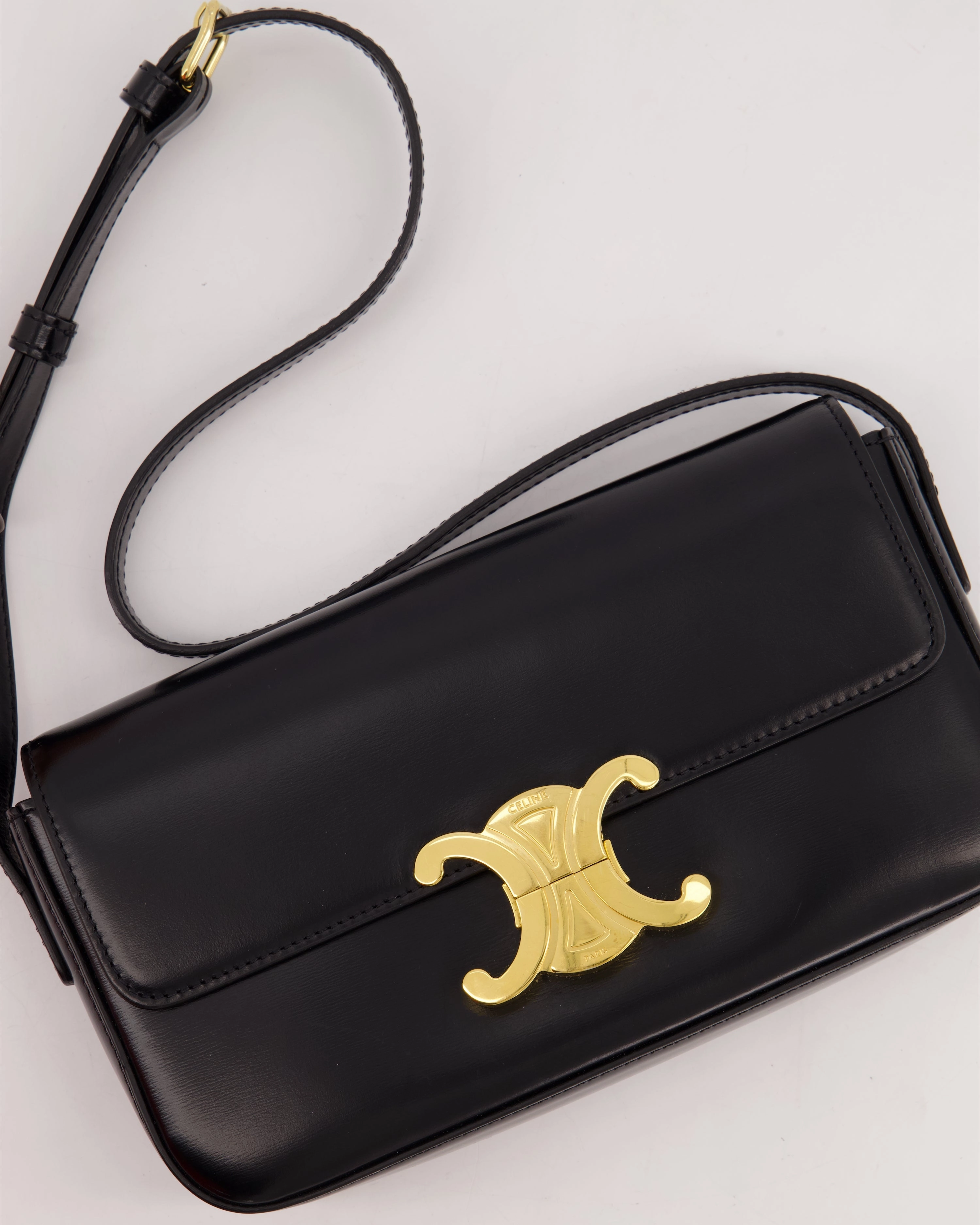 Celine Black Claude Shoulder Bag in Shiny Calfskin with Gold Hardware RRP 2150