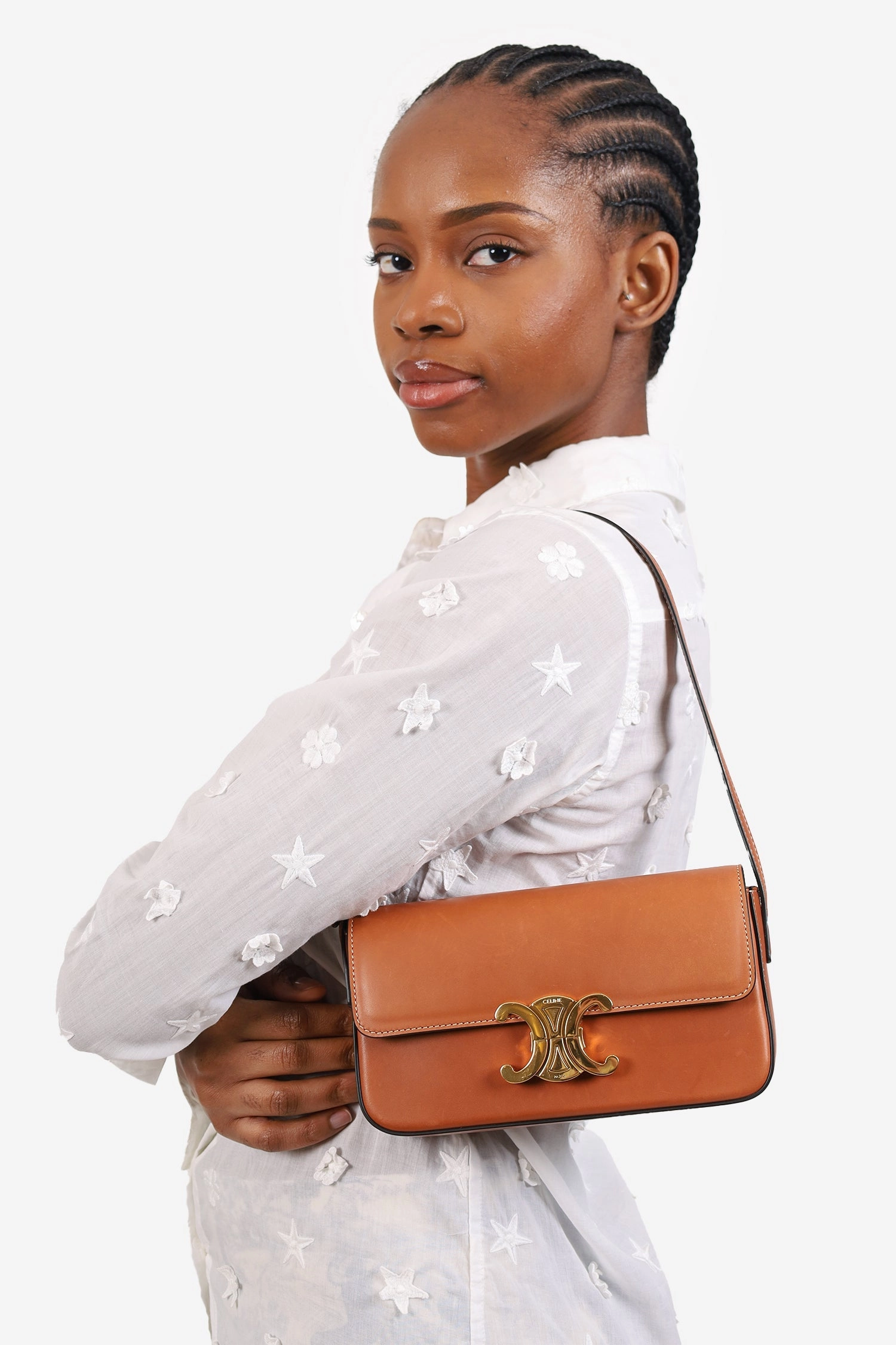 Celine Brown Shiny Calfskin Triomphe Shoulder Bag