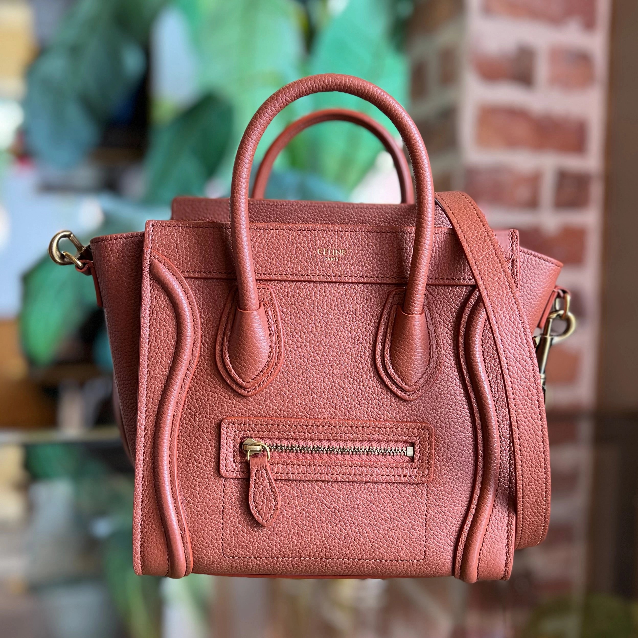 CELINE Luggage Nano Deep Salmon Drummed Calfskin Tote Bag Lychee