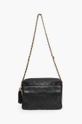 Chanel 1989-91 Black Lambskin CC Quilted Tassel Camera Bag