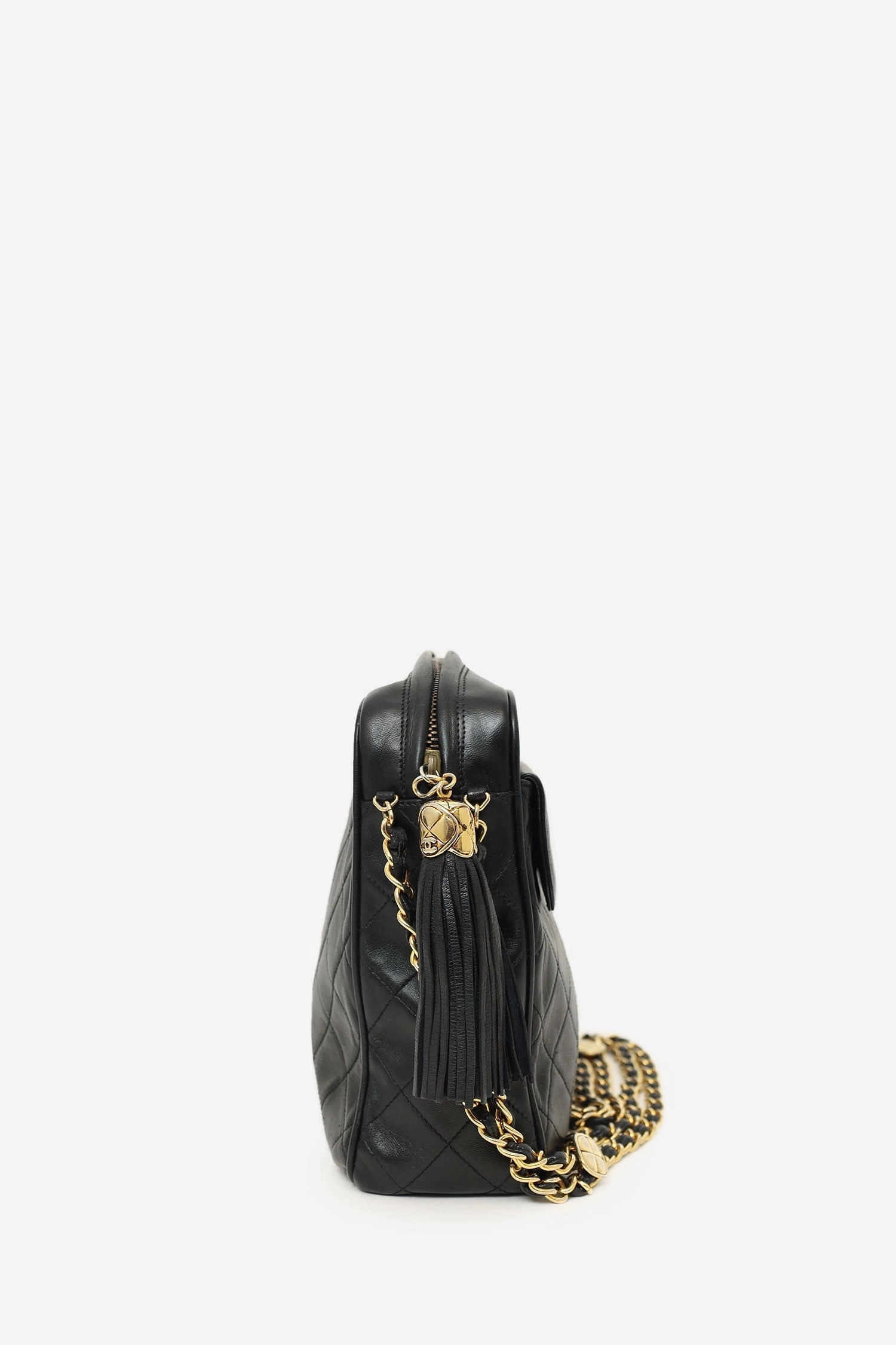 Chanel 1989-91 Black Lambskin CC Quilted Tassel Camera Bag