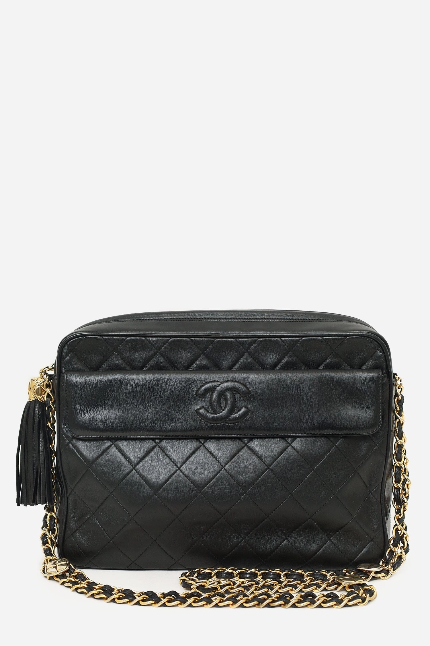 Chanel 1989-91 Black Lambskin CC Quilted Tassel Camera Bag