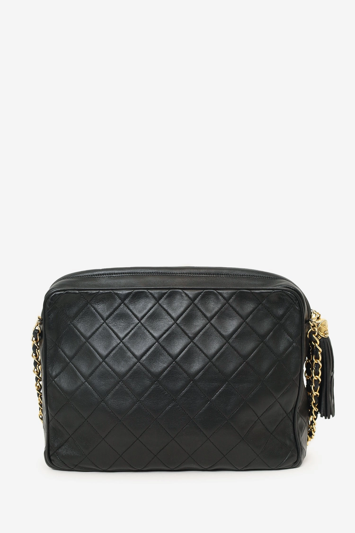Chanel 1989-91 Black Lambskin CC Quilted Tassel Camera Bag