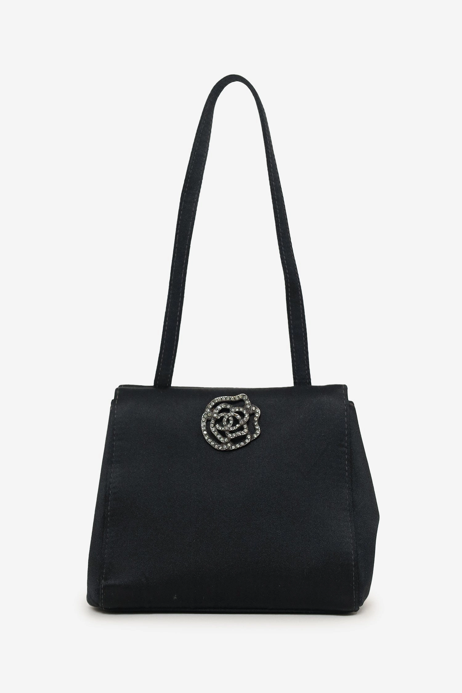Chanel 2000-02 Black Satin Crystal Mini Camellia Bag