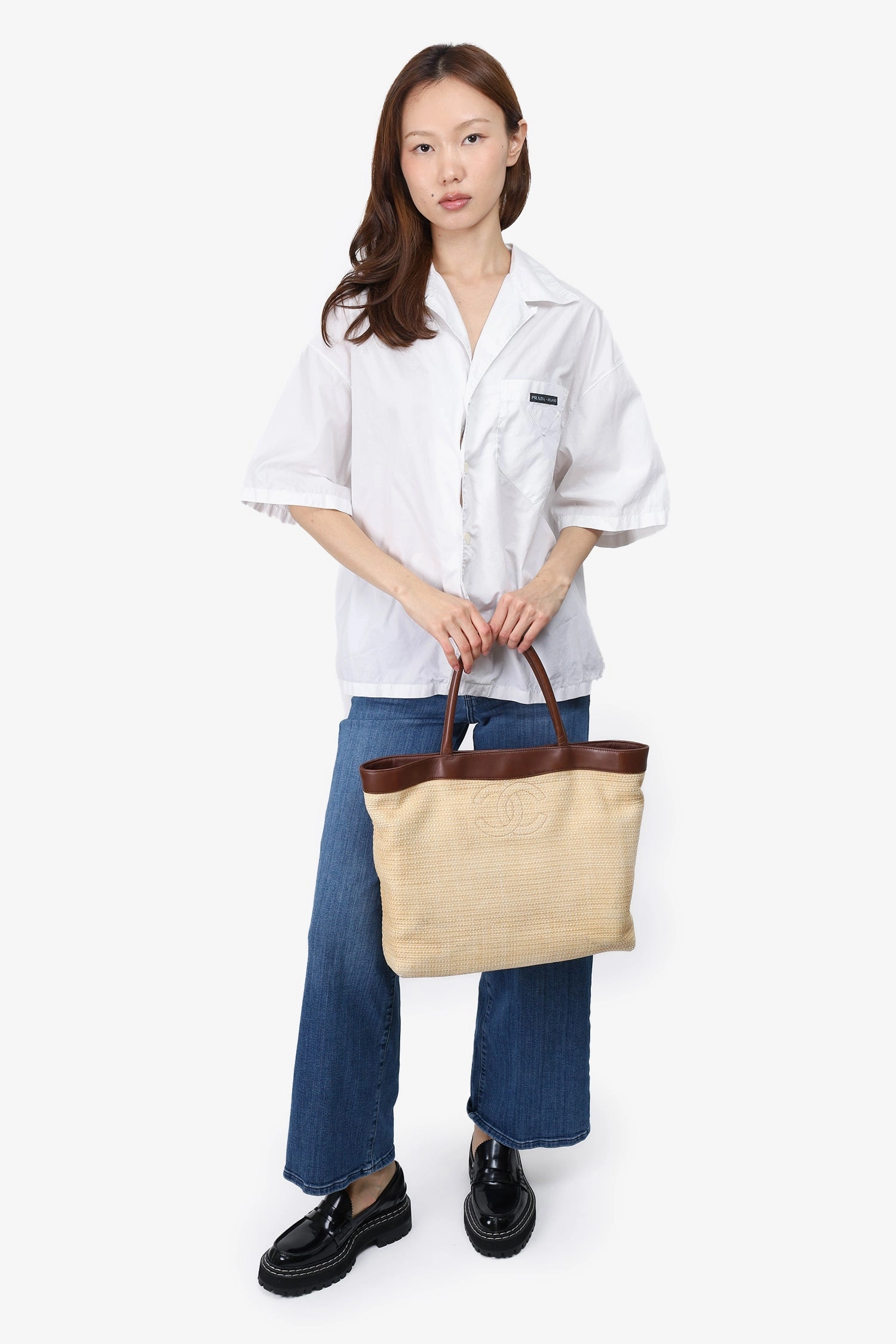 Chanel 2000-02 Yellow/Brown Raffia and Leather CC Tote