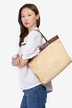 Chanel 2000-02 Yellow/Brown Raffia and Leather CC Tote