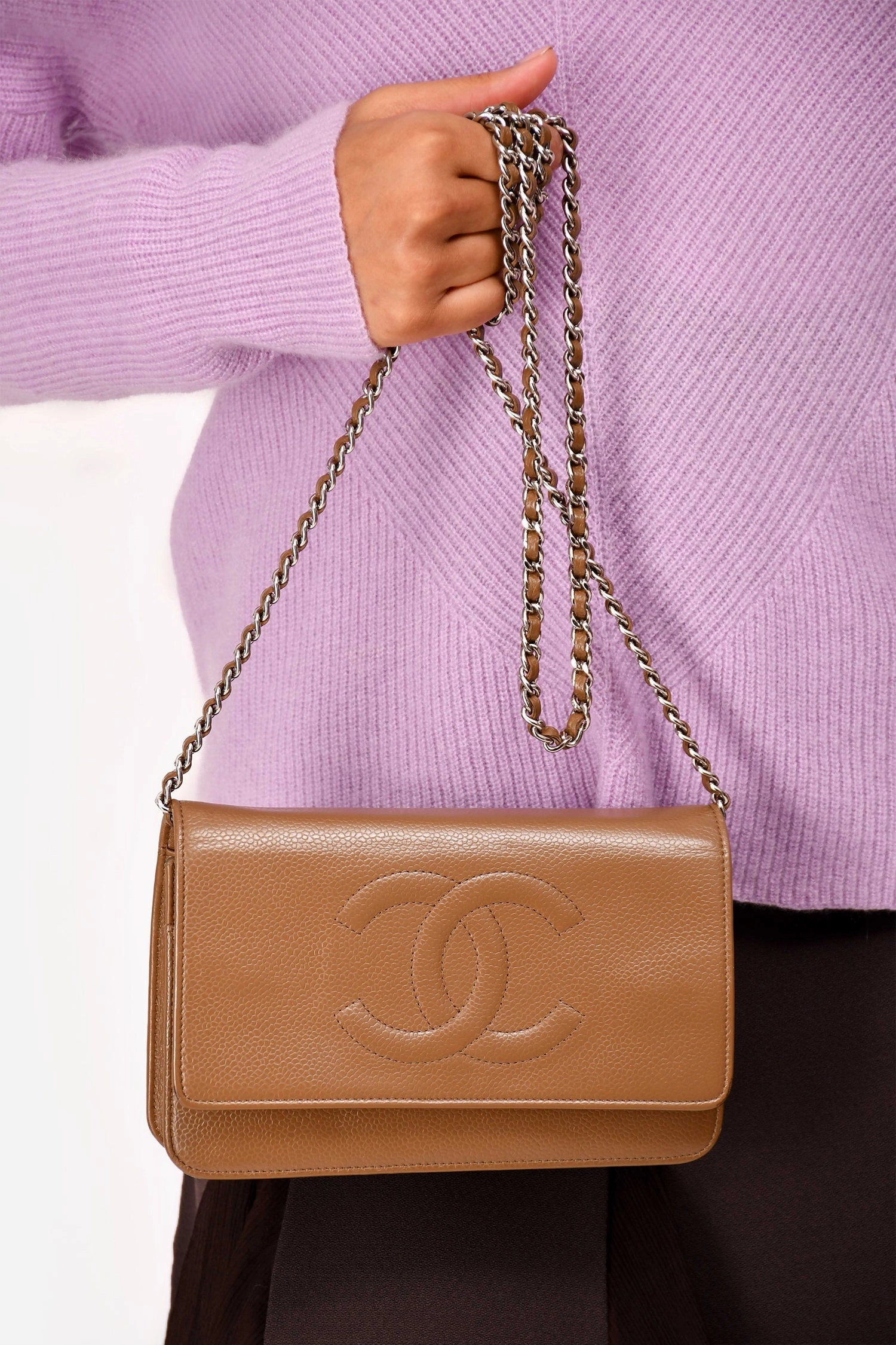 Chanel 2012-13 Brown Caviar Leather CC Logo Wallet On Chain