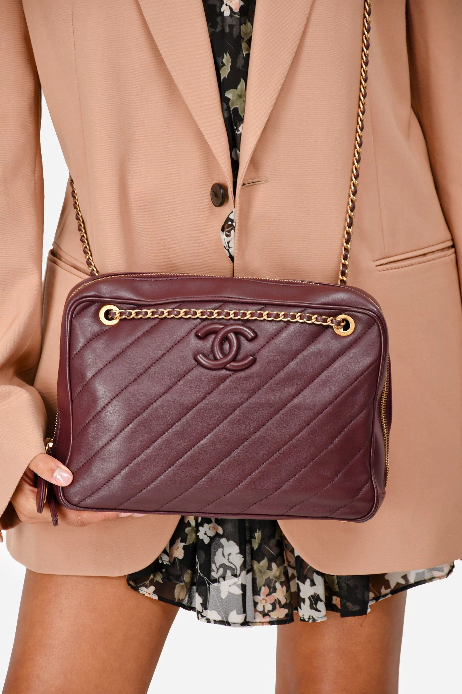 Chanel 2015-16 Eggplant Purple Diagonal Leather Camera Case Double Chain Shoulder Bag