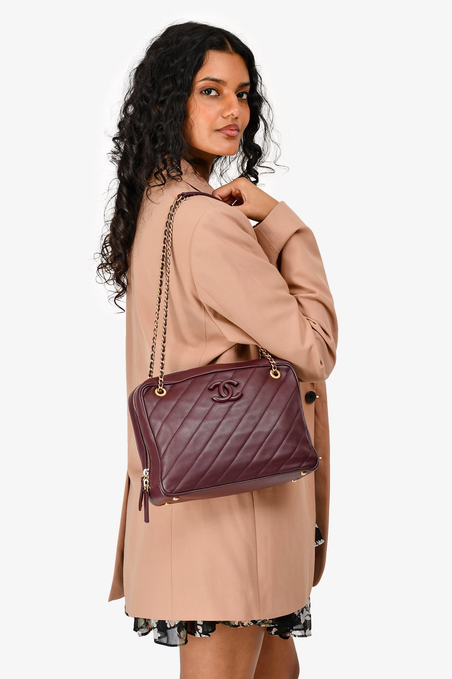 Chanel 2015-16 Eggplant Purple Diagonal Leather Camera Case Double Chain Shoulder Bag