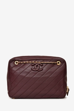 Chanel 2015-16 Eggplant Purple Diagonal Leather Camera Case Double Chain Shoulder Bag