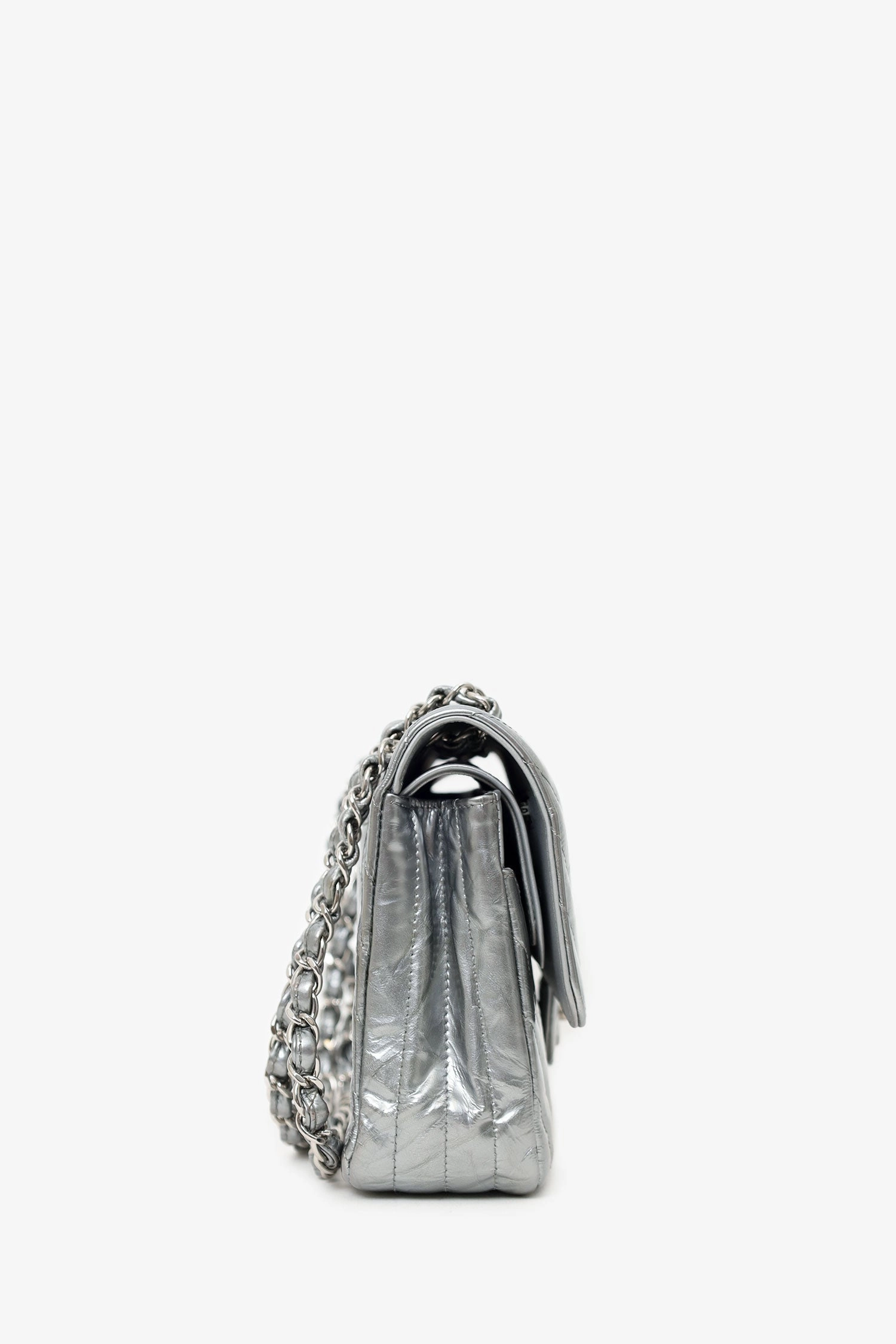 Chanel 2018 Silver Metallic Patent Crumpled Calfskin Chevron Quilted Medium Double Flap